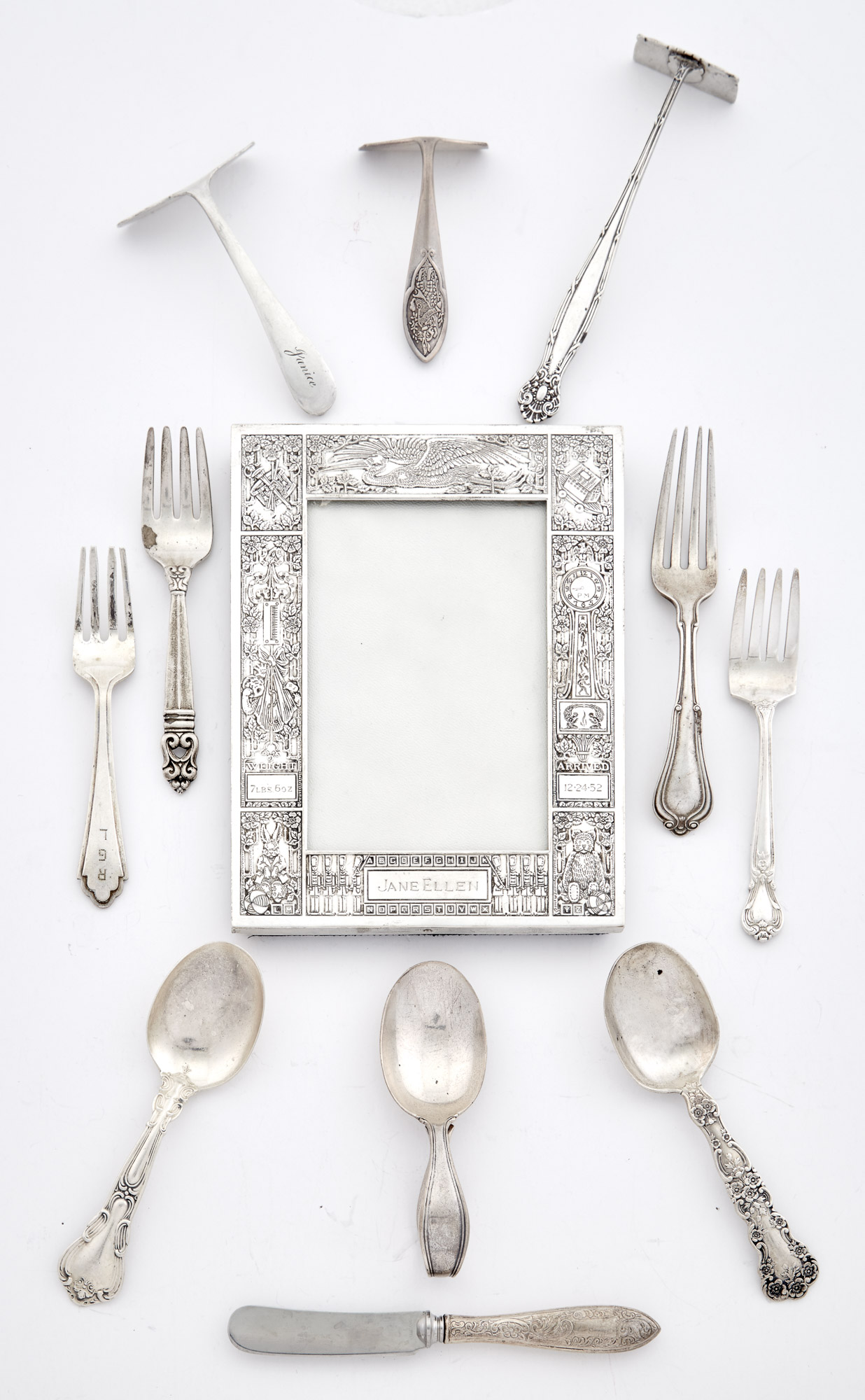 Lot image - Miscellaneous Group of Sterling Silver Childrens Articles; Together with a Novelty Pair of Childrens Leather Boxing Gloves