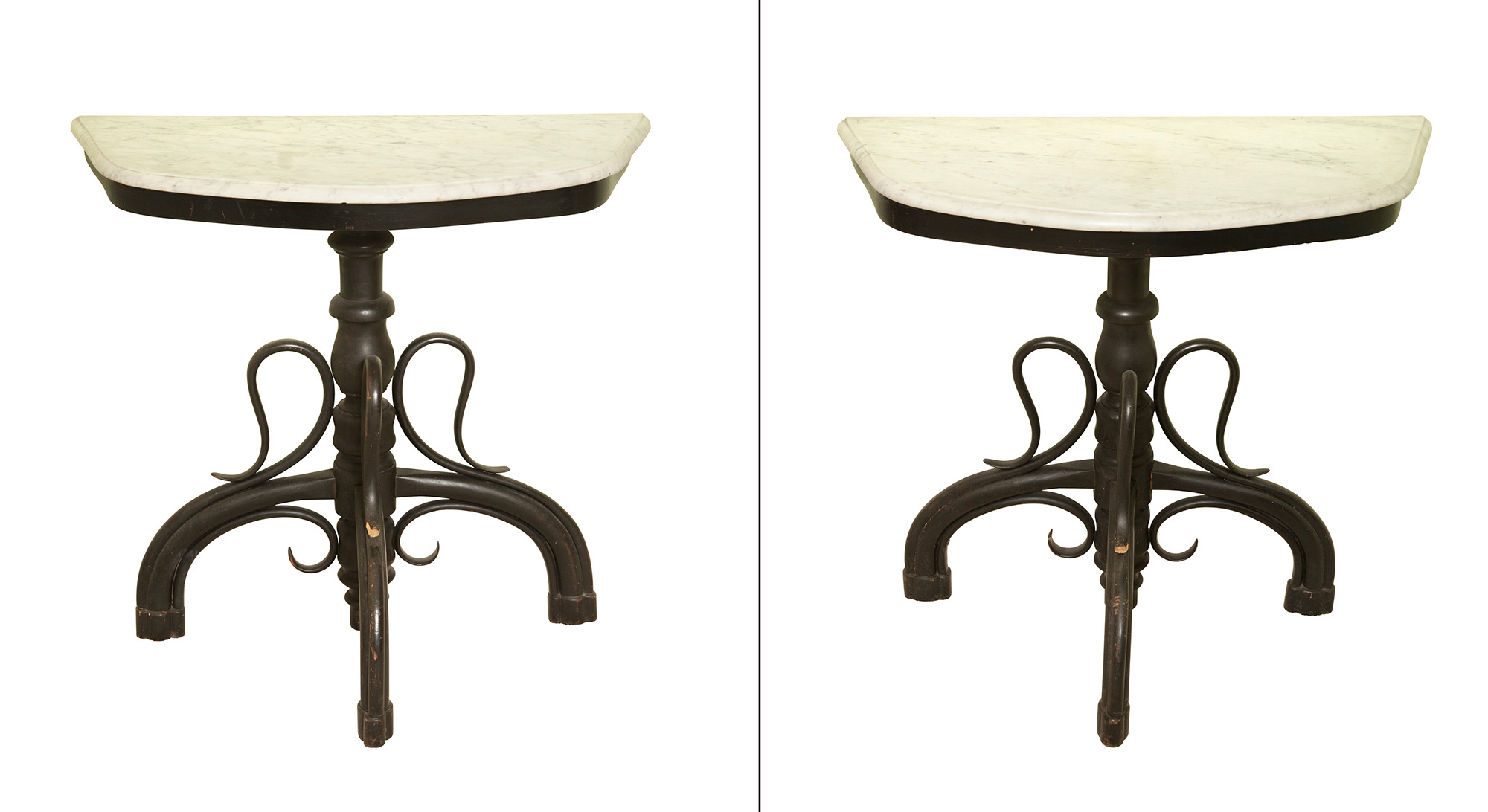 Lot image - Pair of Thonet Style Black-Painted and Marble Top Consoles