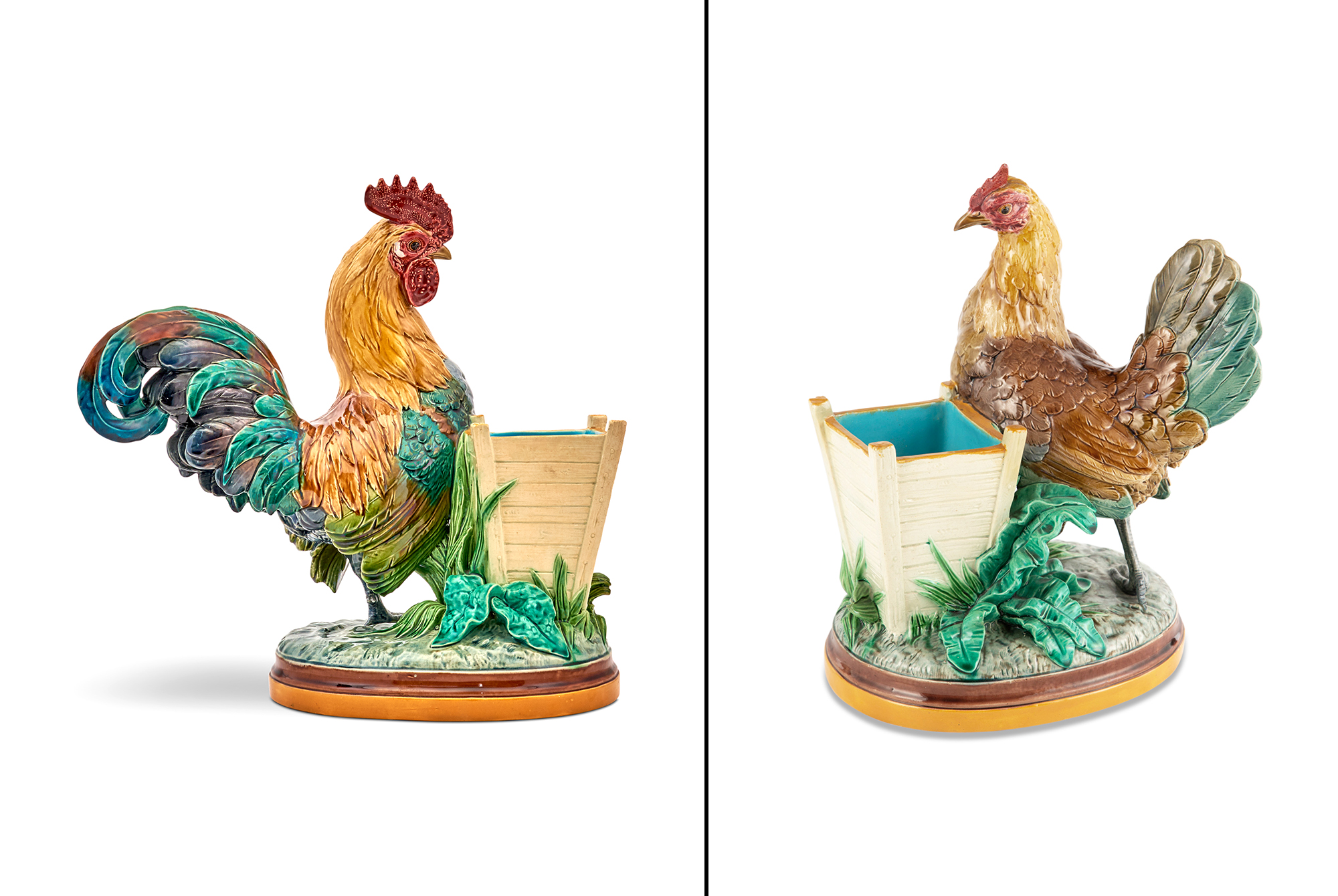 Lot image - Pair of Mintons Majolica Cockerel and Hen Flower Holders