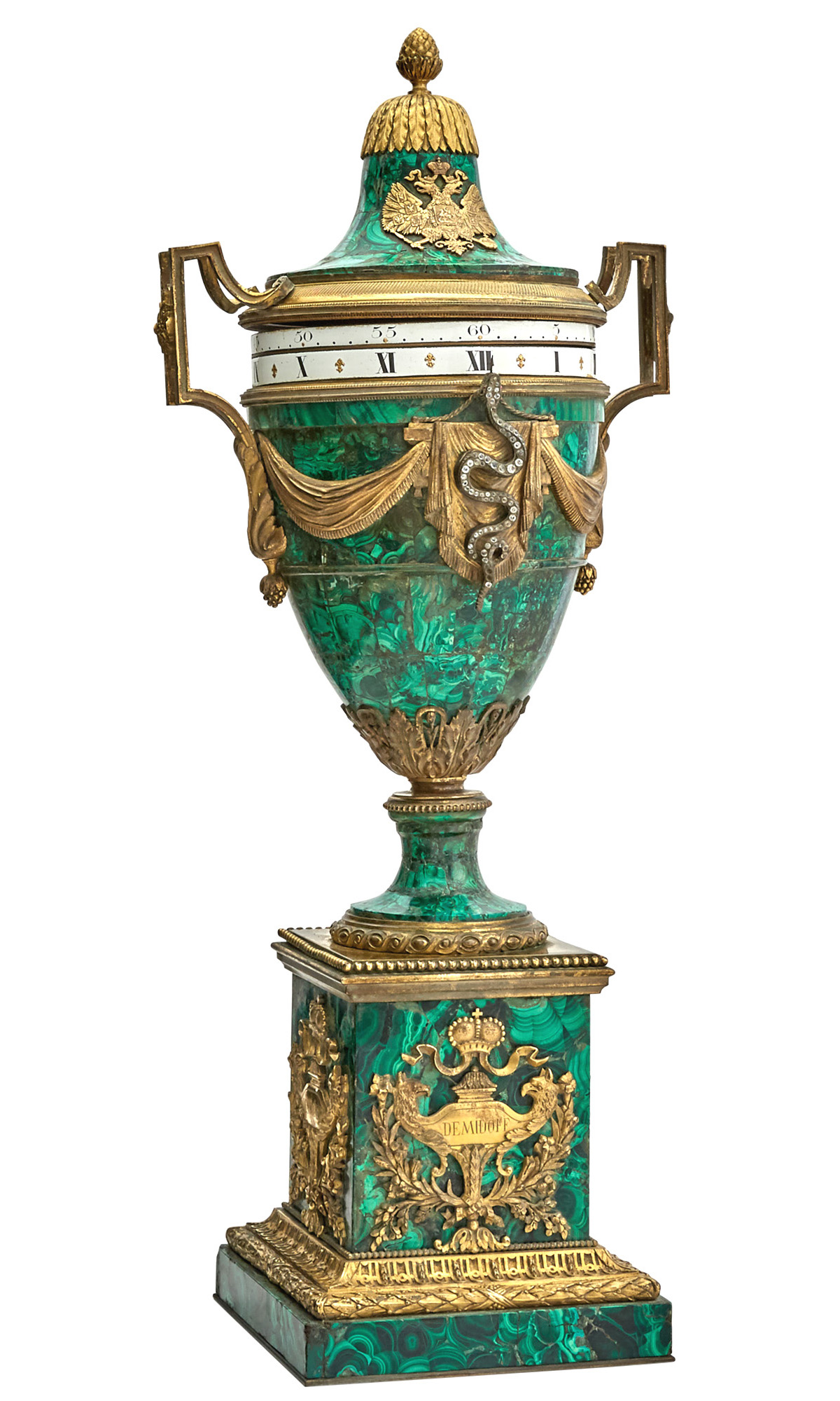 Lot image - Demidoff Family: Gilt-Bronze Mounted Malachite Revolving Dial Clock (Pendule à Cercles Tournantes)
