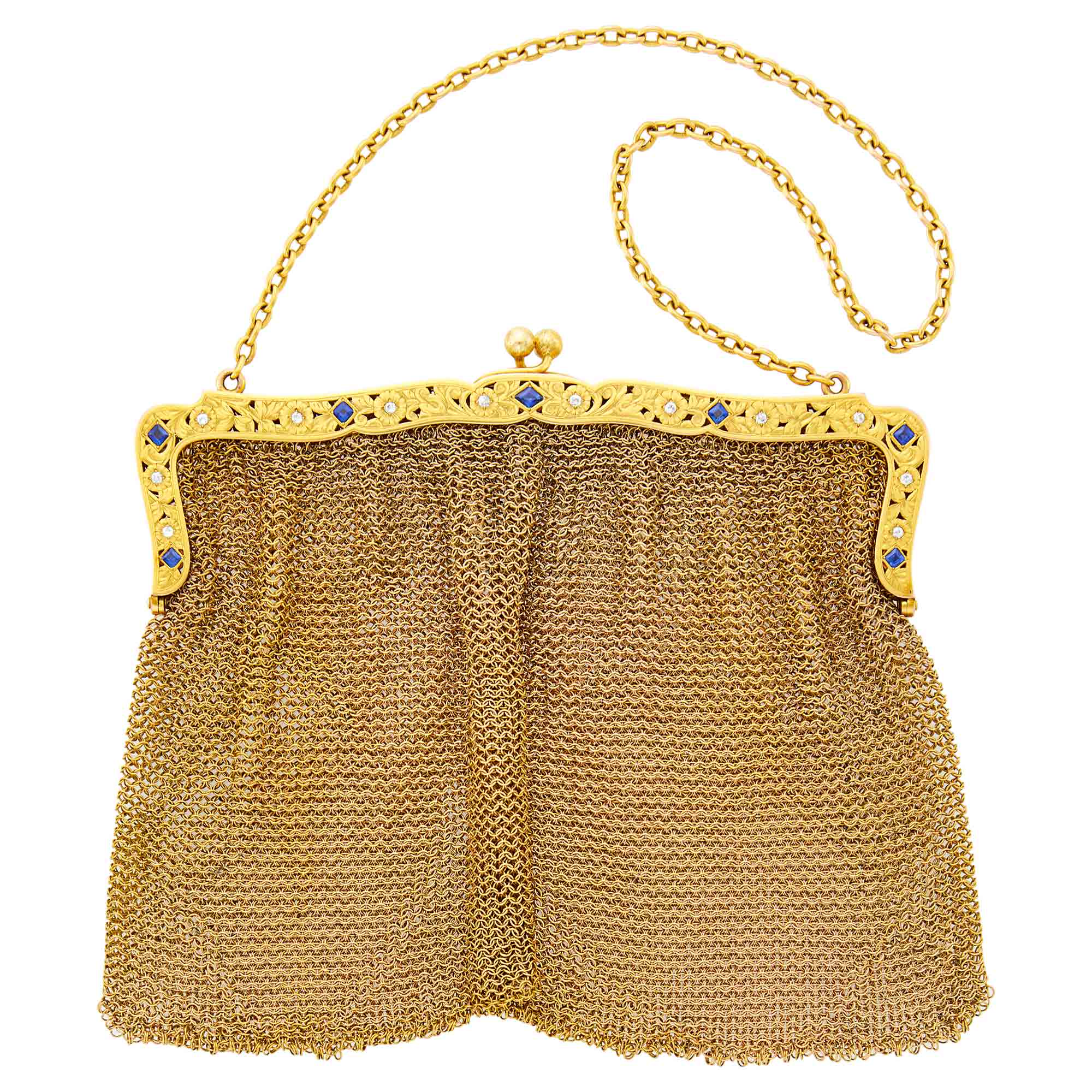Lot image - Gold, Sapphire and Diamond Mesh Purse with Carrying Chain