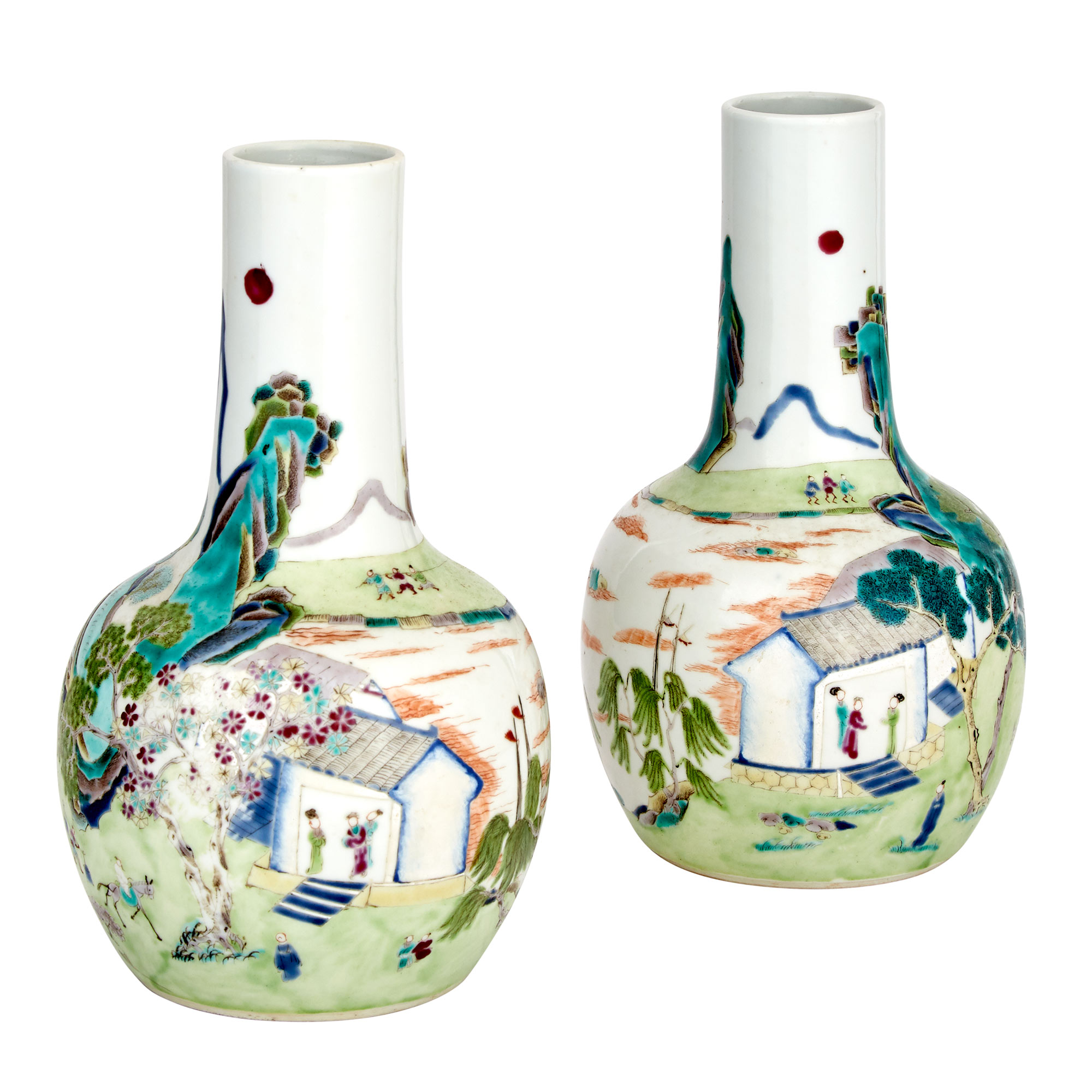 Lot image - Pair of Chinese Famille Rose Glazed Porcelain Bottle Vases