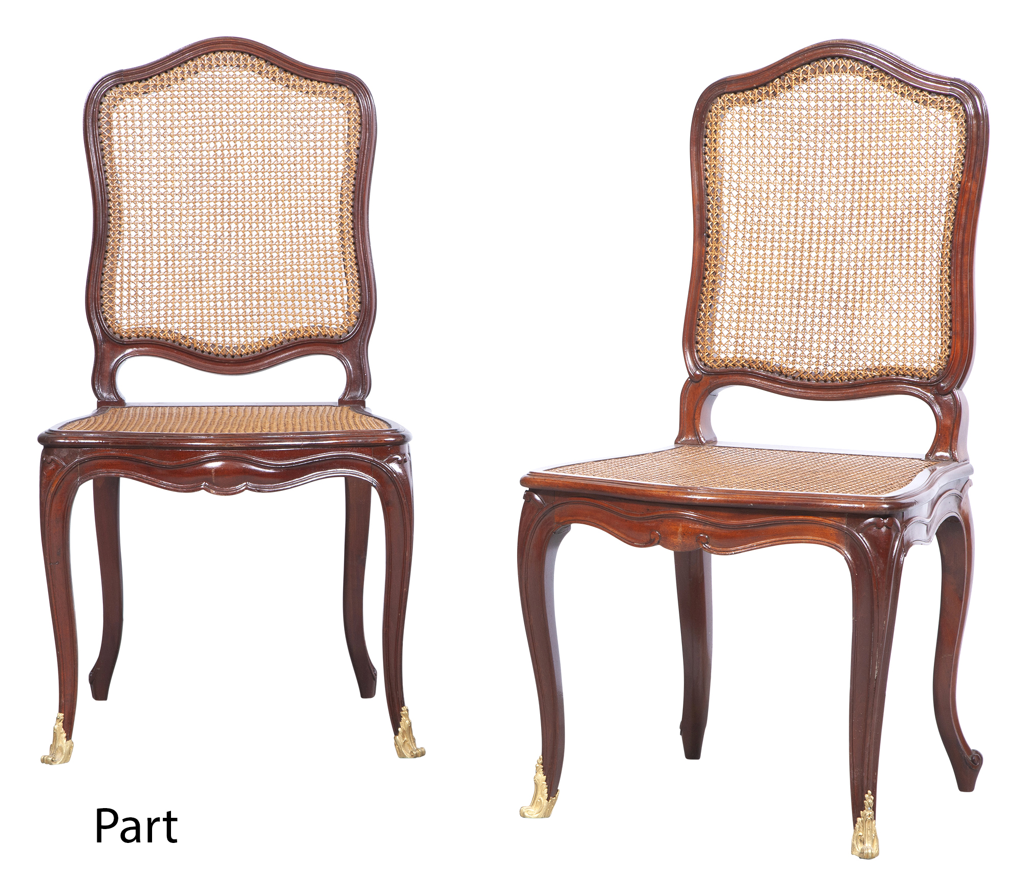 Lot image - Set of Eight Louis XV Style Gilt-Metal Mounted Caned Mahogany Dining Side Chairs