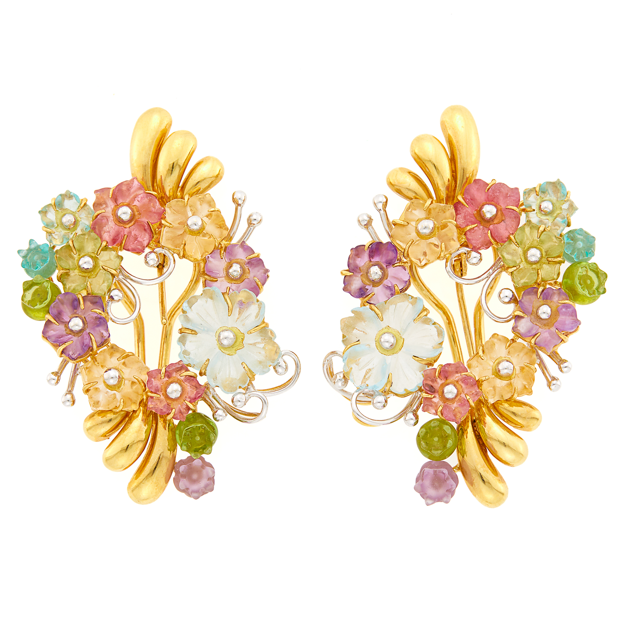 Lot image - Pair of Two-Color Gold and Colored Stone Floral Earclips