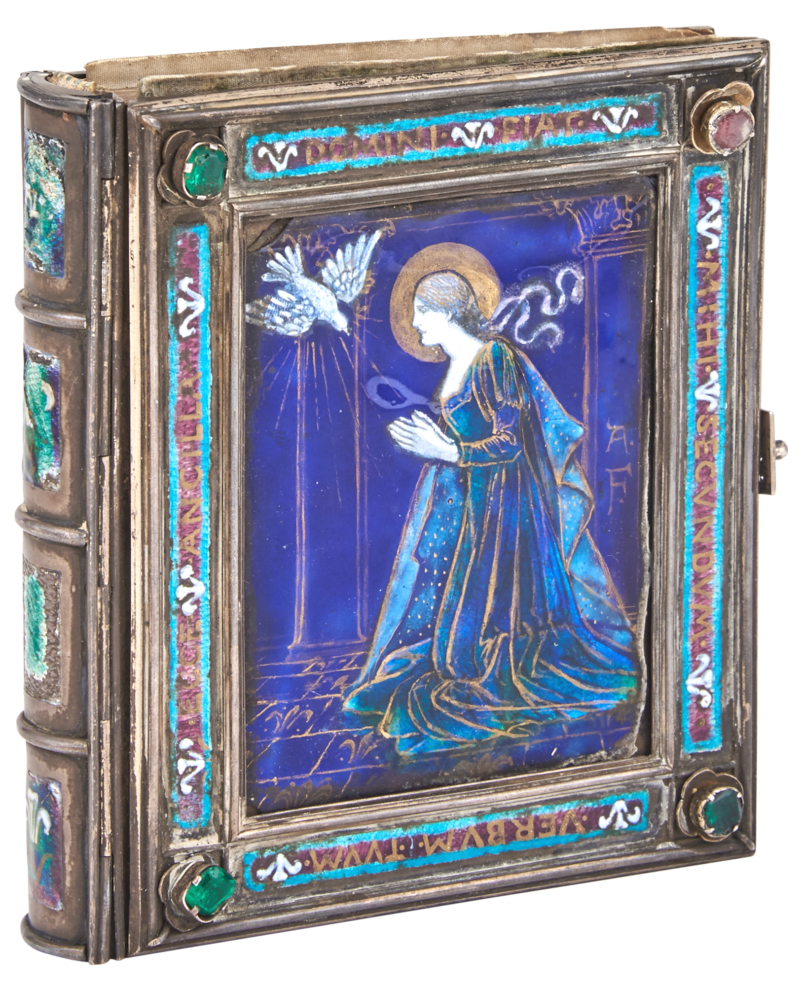 Lot image - Alexander Fisher Arts & Crafts Double-Sided Enameled Copper, Silvered Metal and Jeweled Small Book Cover