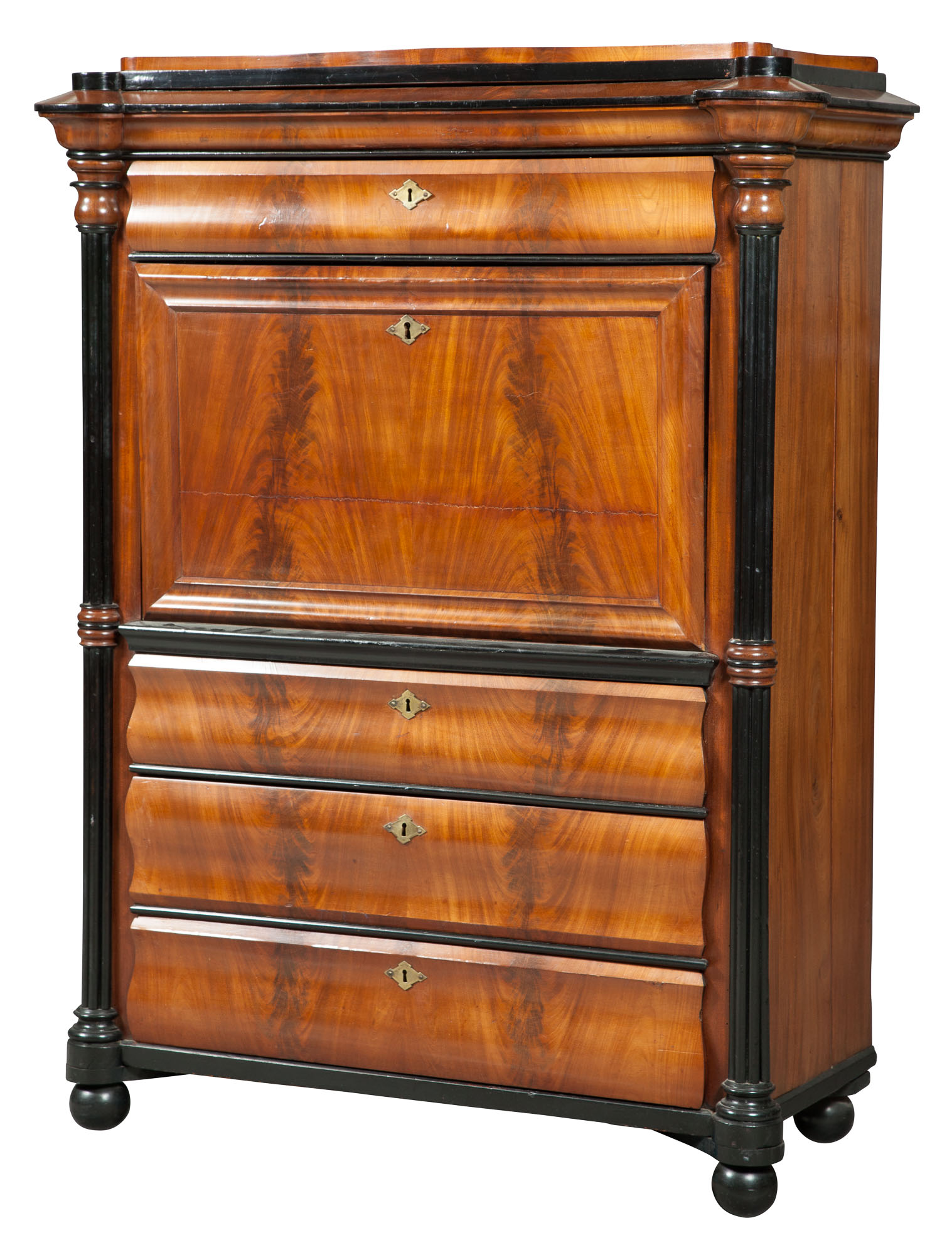 Lot image - German Mahogany and Part-Ebonized Secretaire à Abbatant
