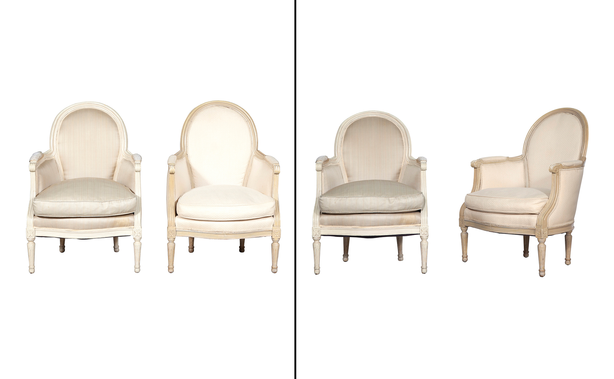 Lot image - Assembled Set of Four Louis XVI Style Painted and Upholstered Bergères