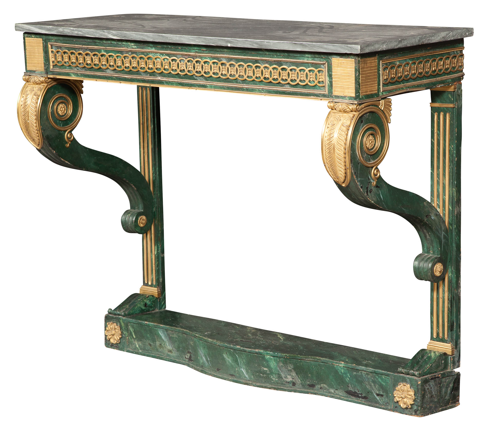 Lot image - Northern European Neoclassical Gilt-Metal-Mounted Faux Marble Top Console