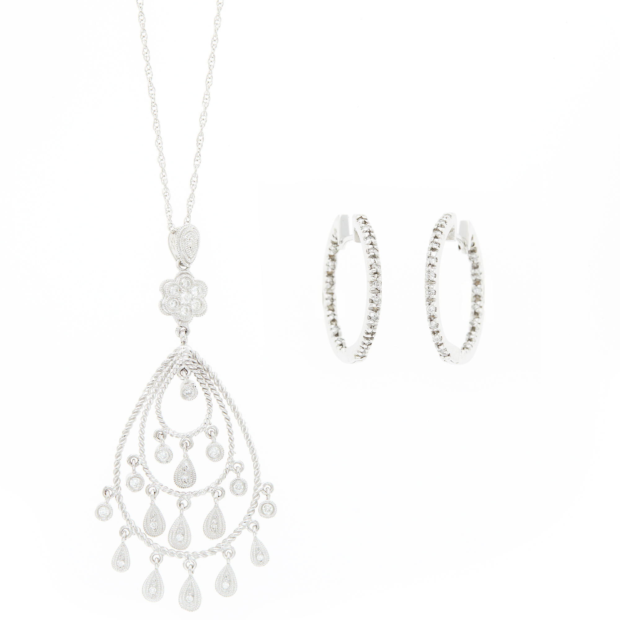 Lot image - White Gold and Diamond Pendant with Chain Necklace and Pair of Hoop Earrings