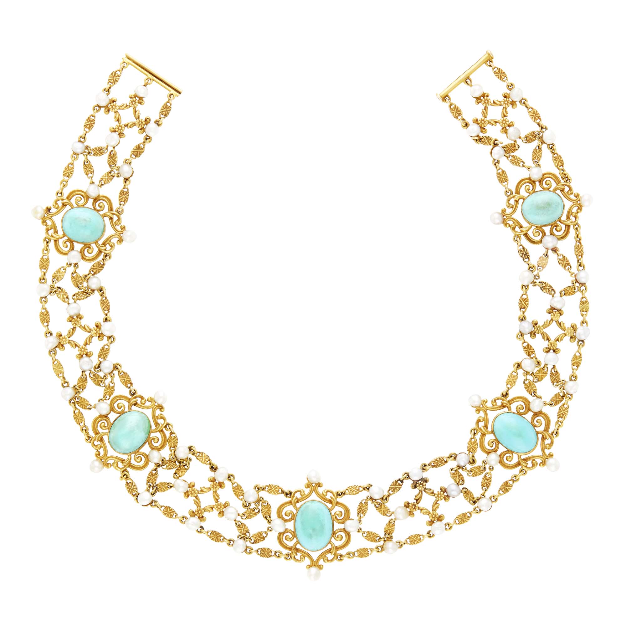 Lot image - Antique Gold, Turquoise and Pearl Choker Necklace