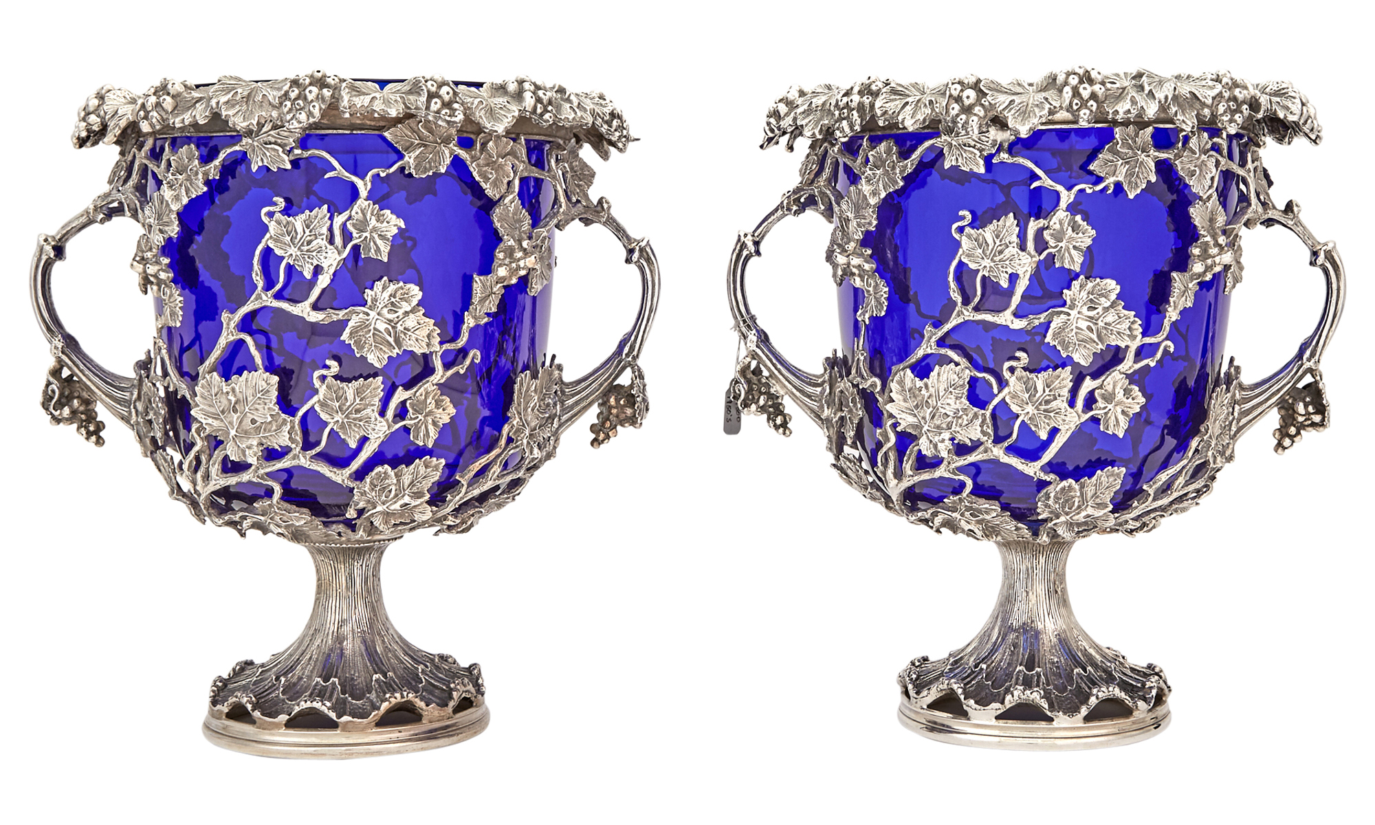 Lot image - Pair of Italian Sterling Silver and Cobalt Glass Wine Coolers