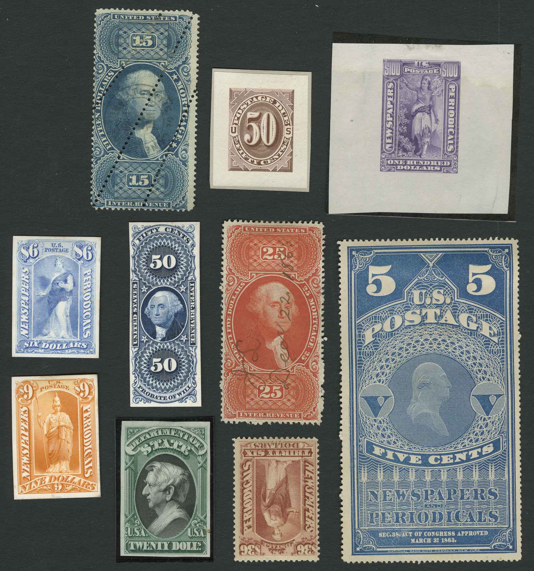 Lot image - United States Revenue Postage Stamp and Proof Lot