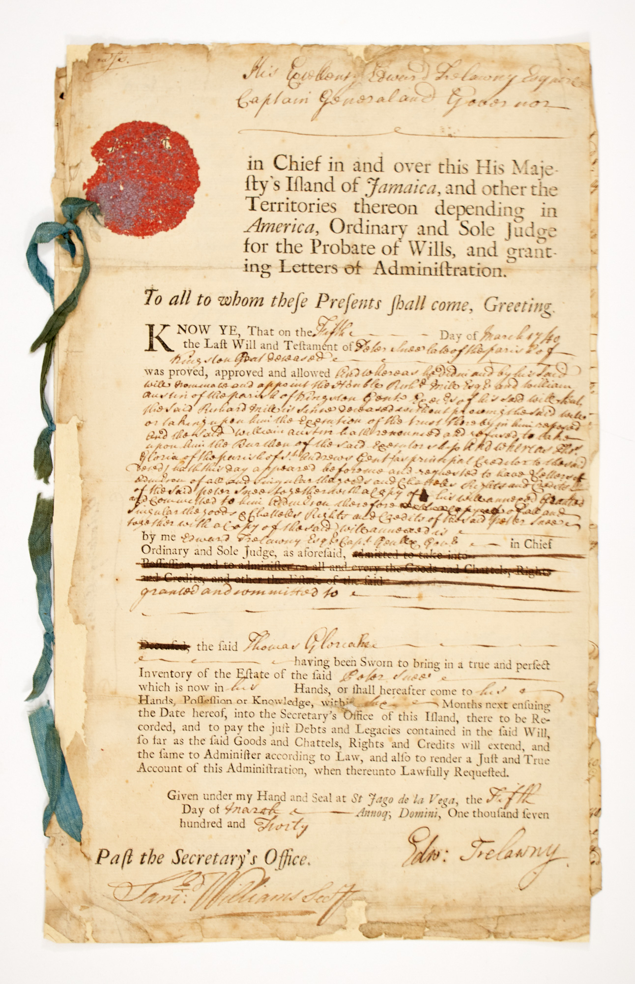 Lot image - [JAMAICA]  TRELAWNY, EDWARD, Governor. Will document signed.