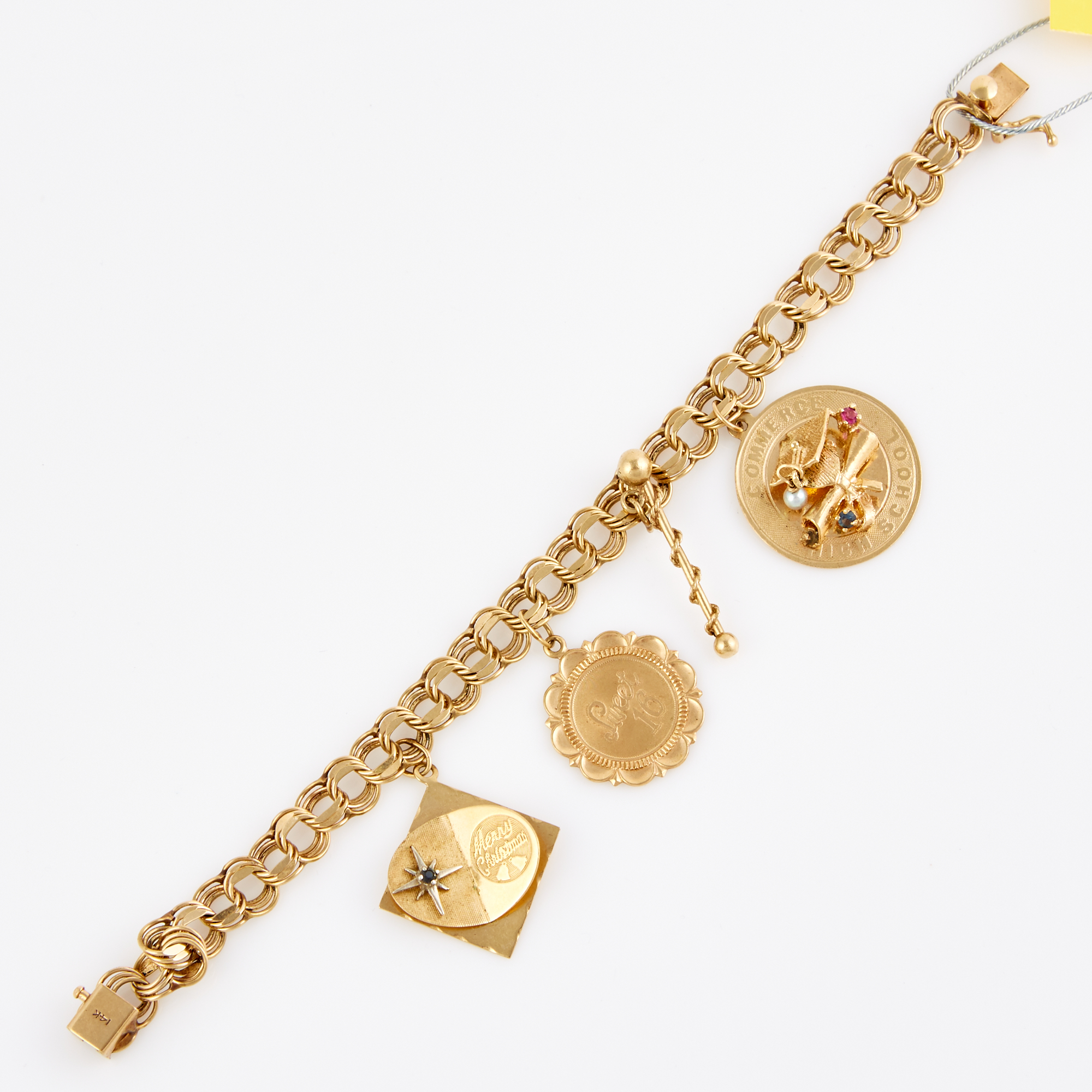 Lot image - Gold Charm Bracelet with 4 gold, stone and bead charms attached, 14K 15 dwt. all