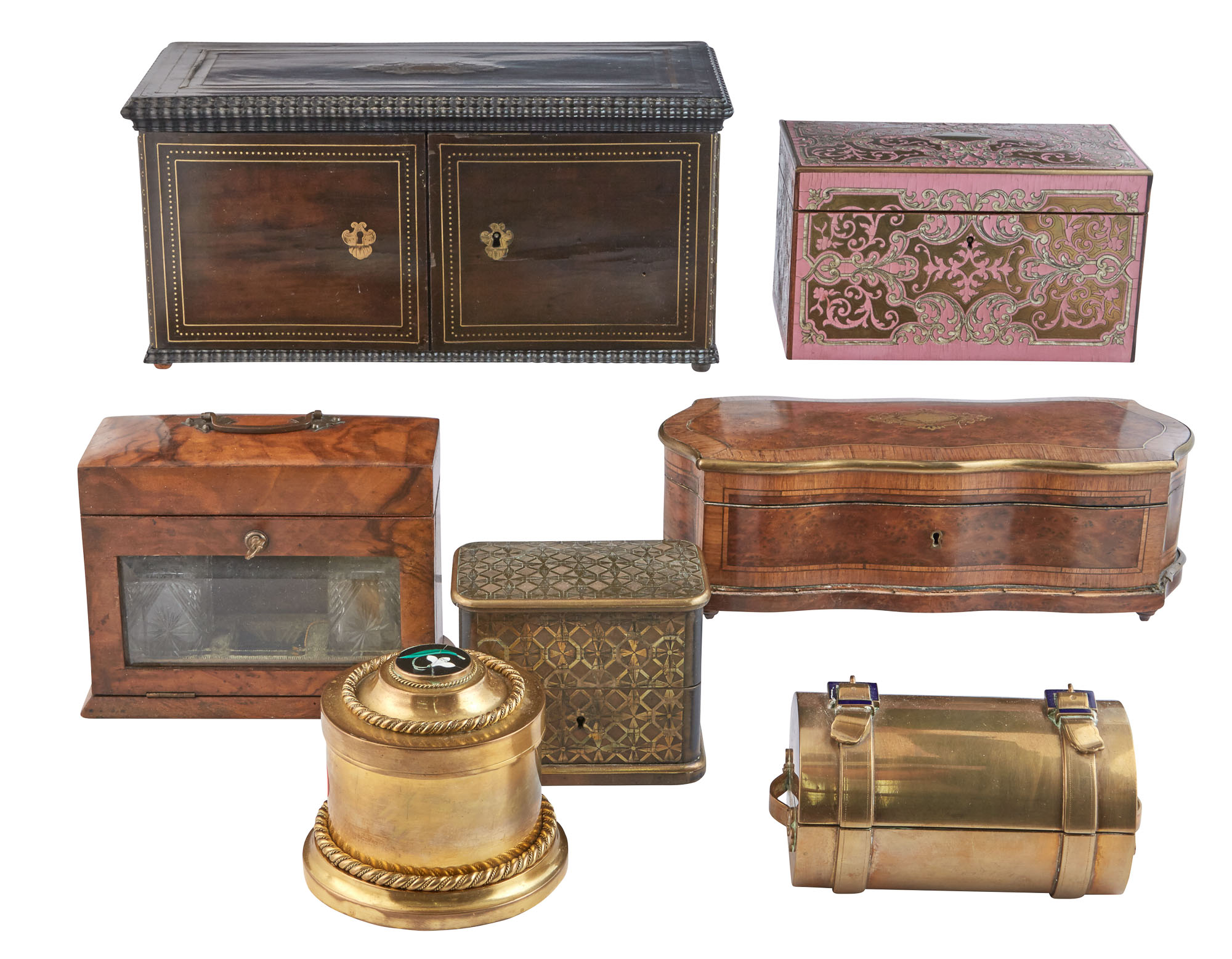 Lot image - Miscellaneous Group of Seven Metal and Wood Boxes and Caddies