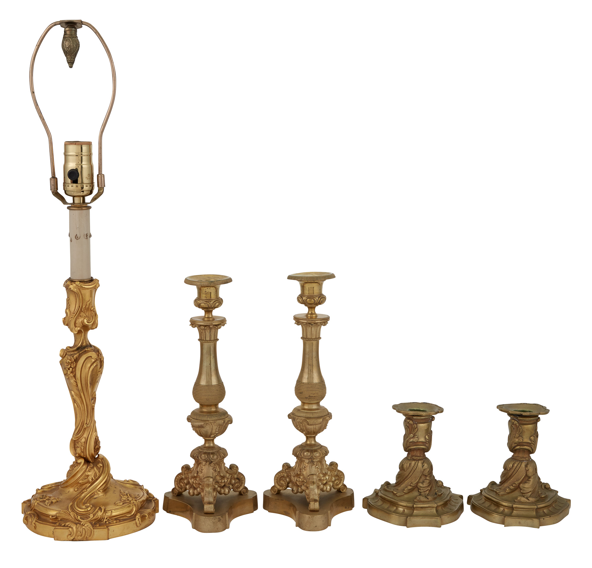 Lot image - Group of Five French Style Gilt-Metal Candlesticks