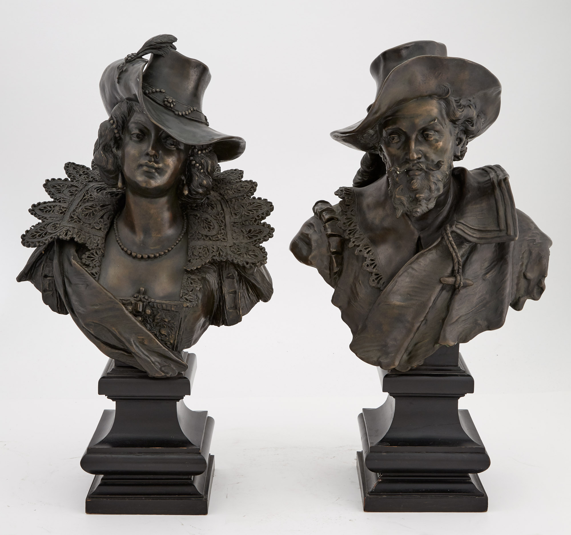 Lot image - Pair of Continental Patinated Bronze Busts of a Man and Woman in Renaissance Attire