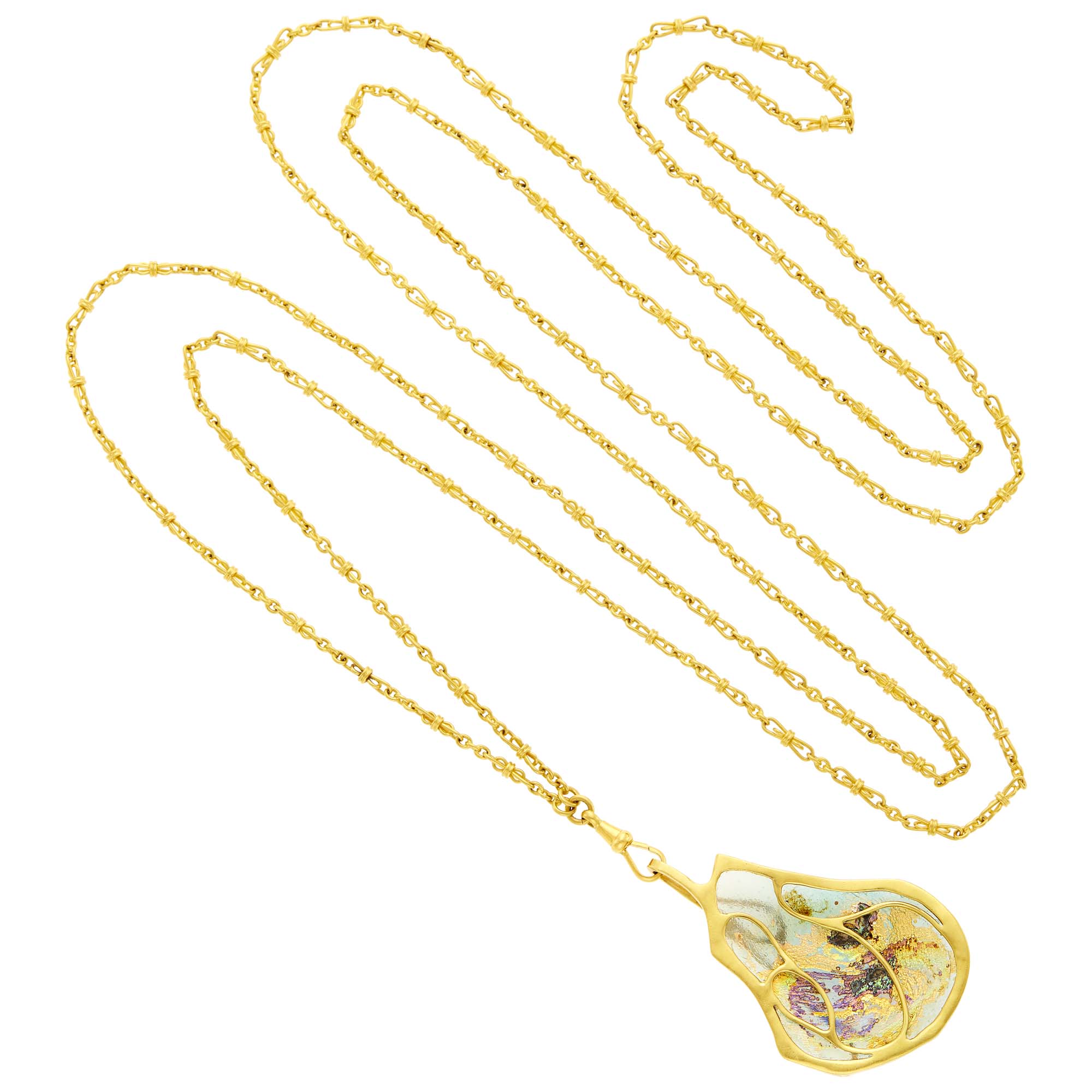 Lot image - Long Gold Fob Chain with Uri Ramot High Karat Gold and Glass Pendant
