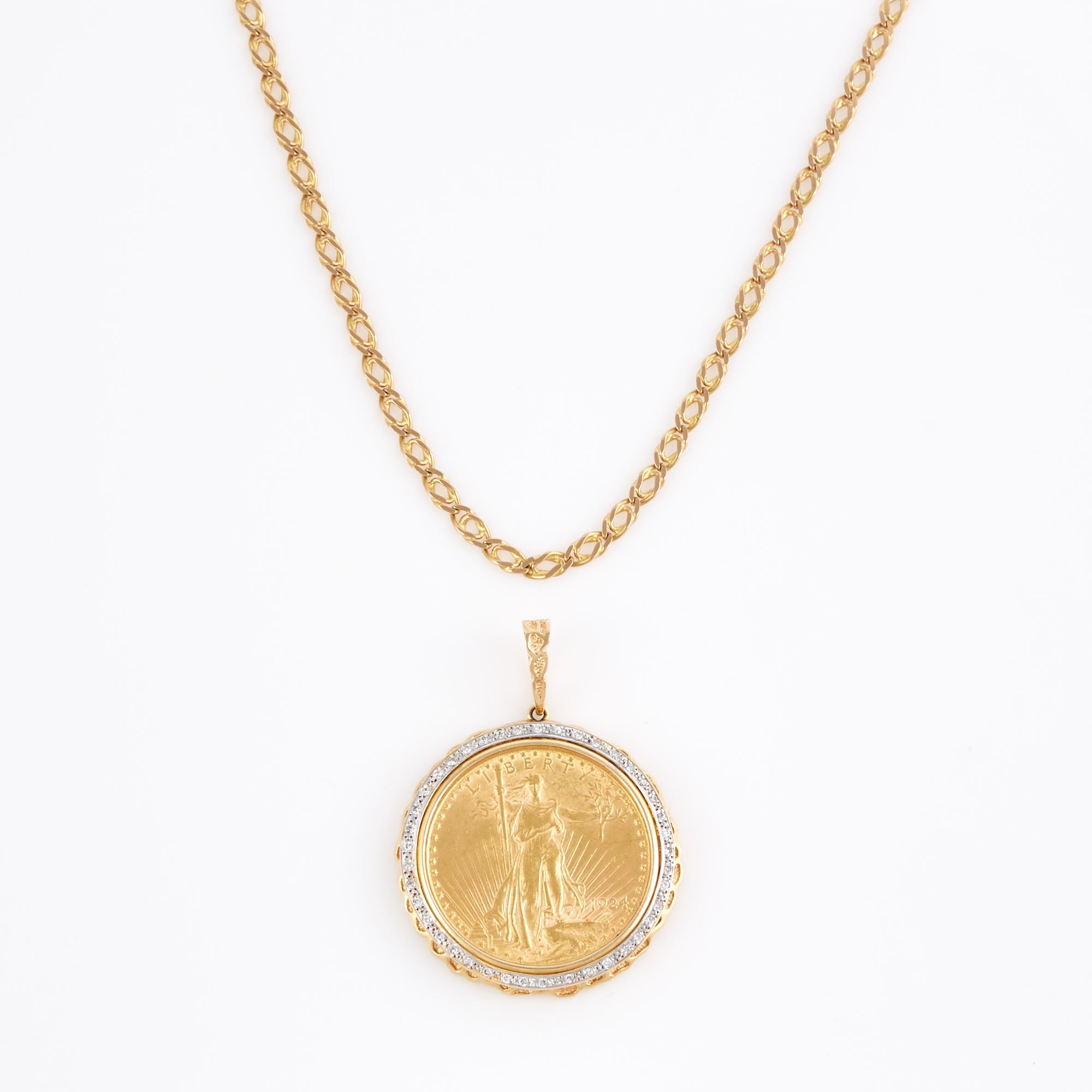 Lot image - Diamond Coin Pendant and Gold Neck Chain, 22K 20 dwt. and 14K 17 dwt.