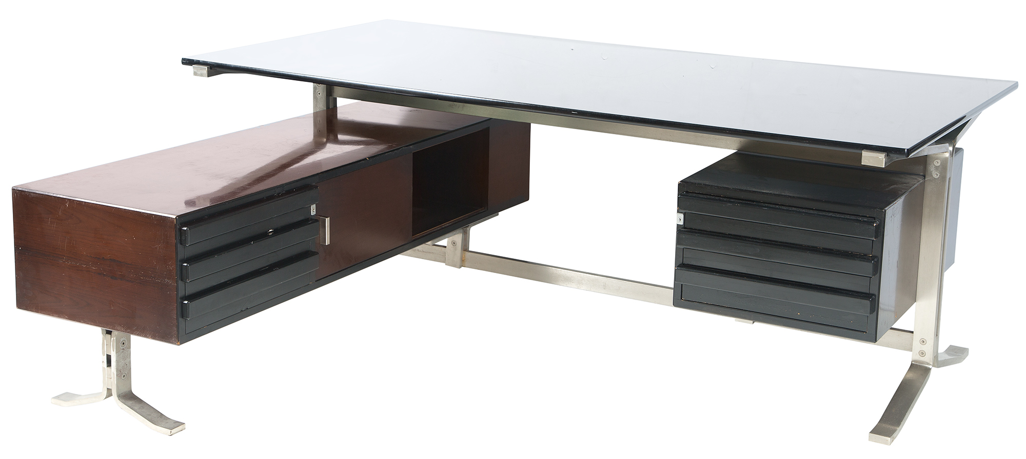 Lot image - Forma Nova Stainless Steel, Glass and Lacquered Wood Desk and Return