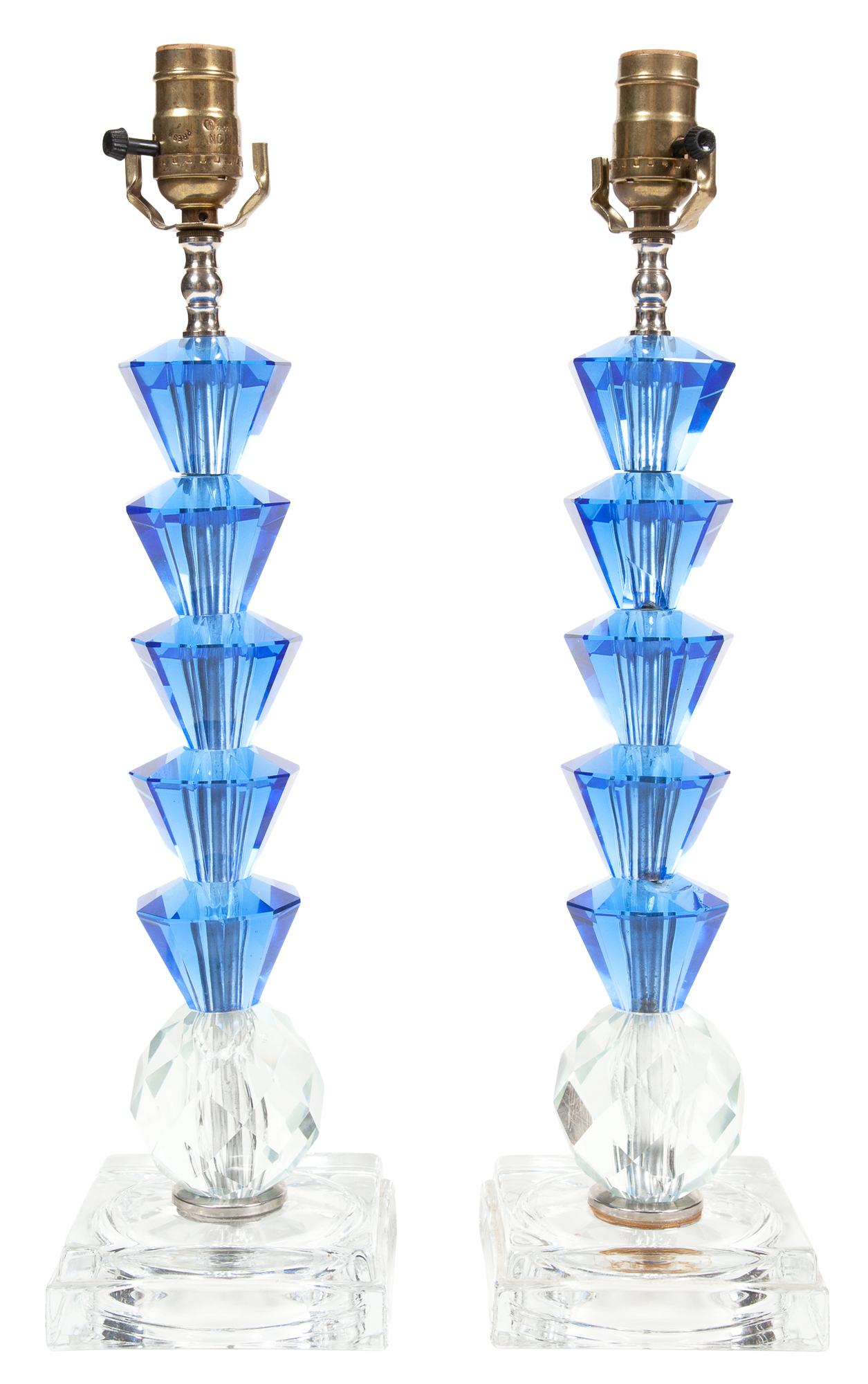 Lot image - Pair of Art Deco Style Cobalt Blue and Colorless Molded Glass Table Lamps
