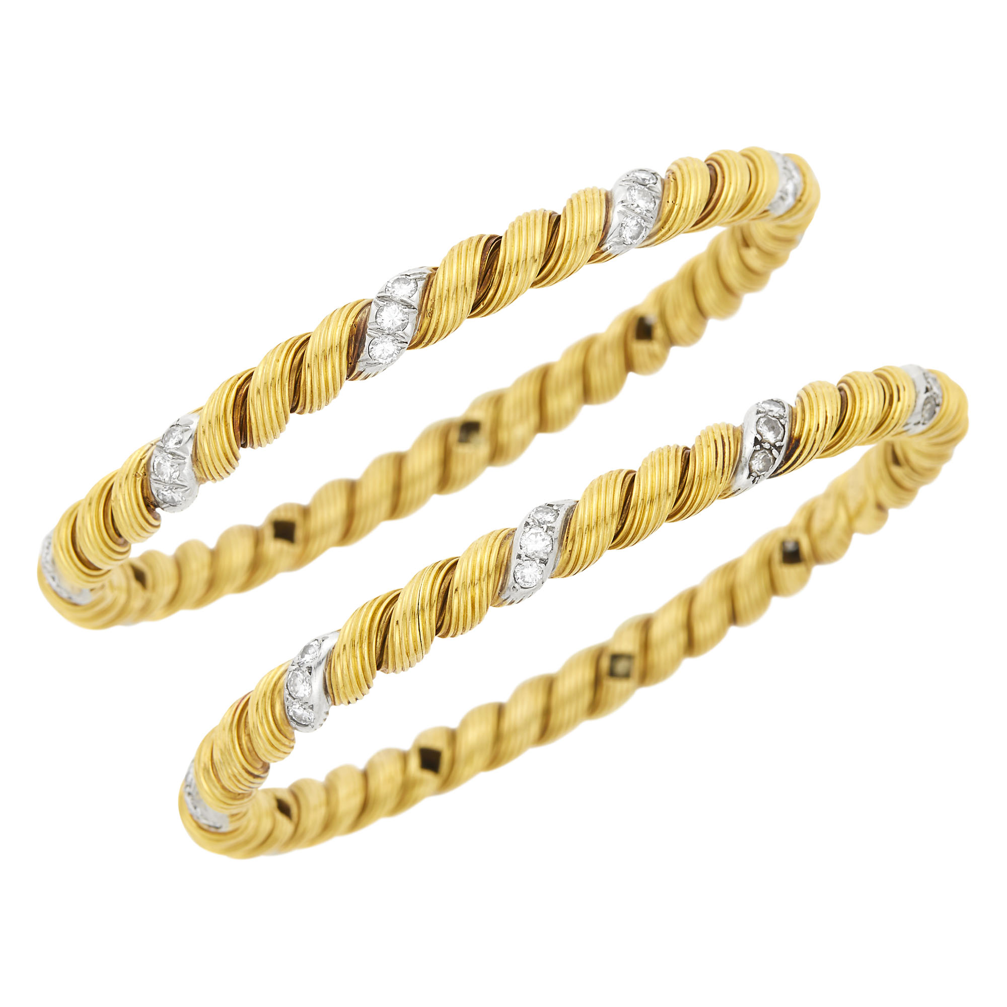 Lot image - Georges LEnfant for Van Cleef & Arpels Pair of Gold, Platinum and Diamond Bangle Bracelets