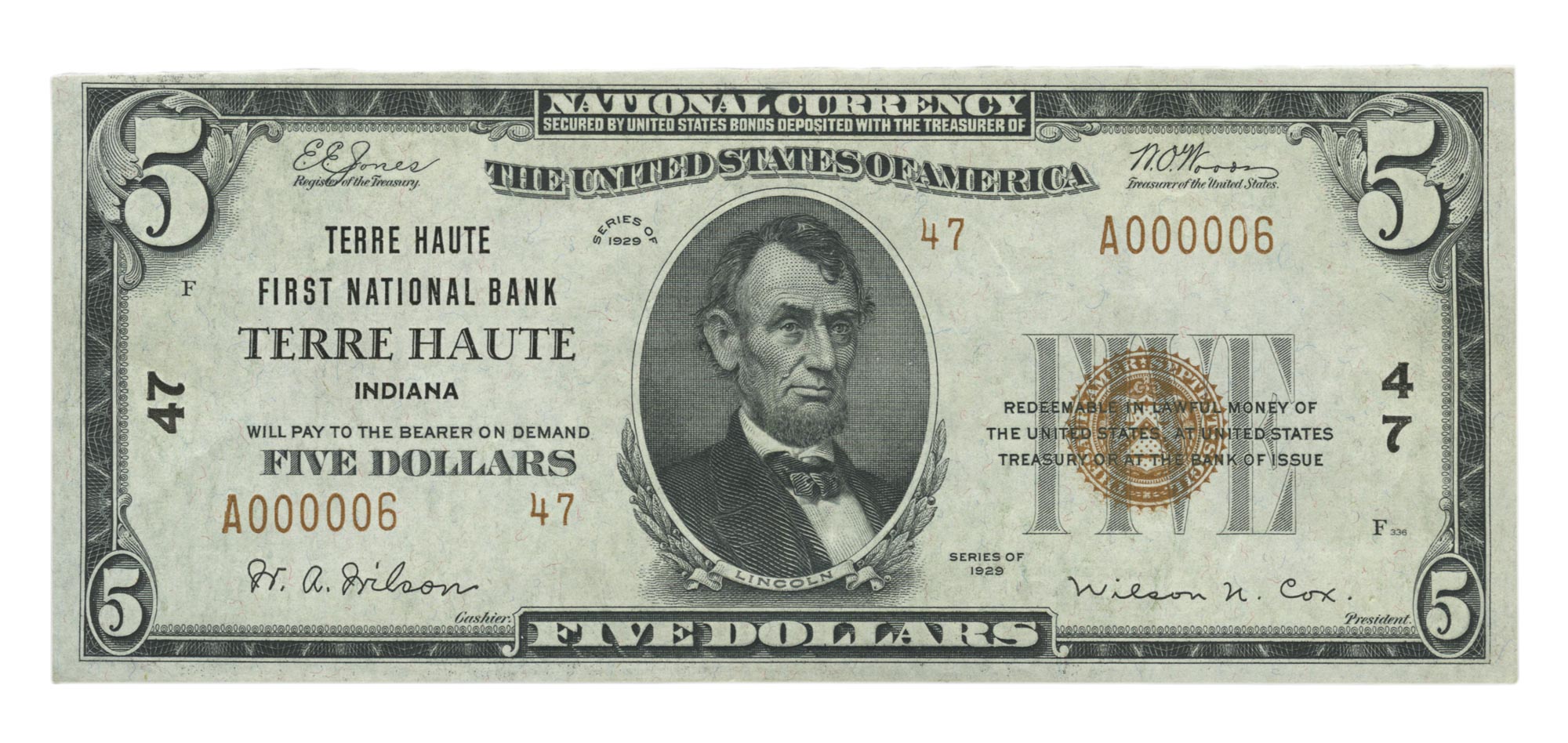 Lot image - United States National Currency 1929 Small $5 Terre Haute Indiana