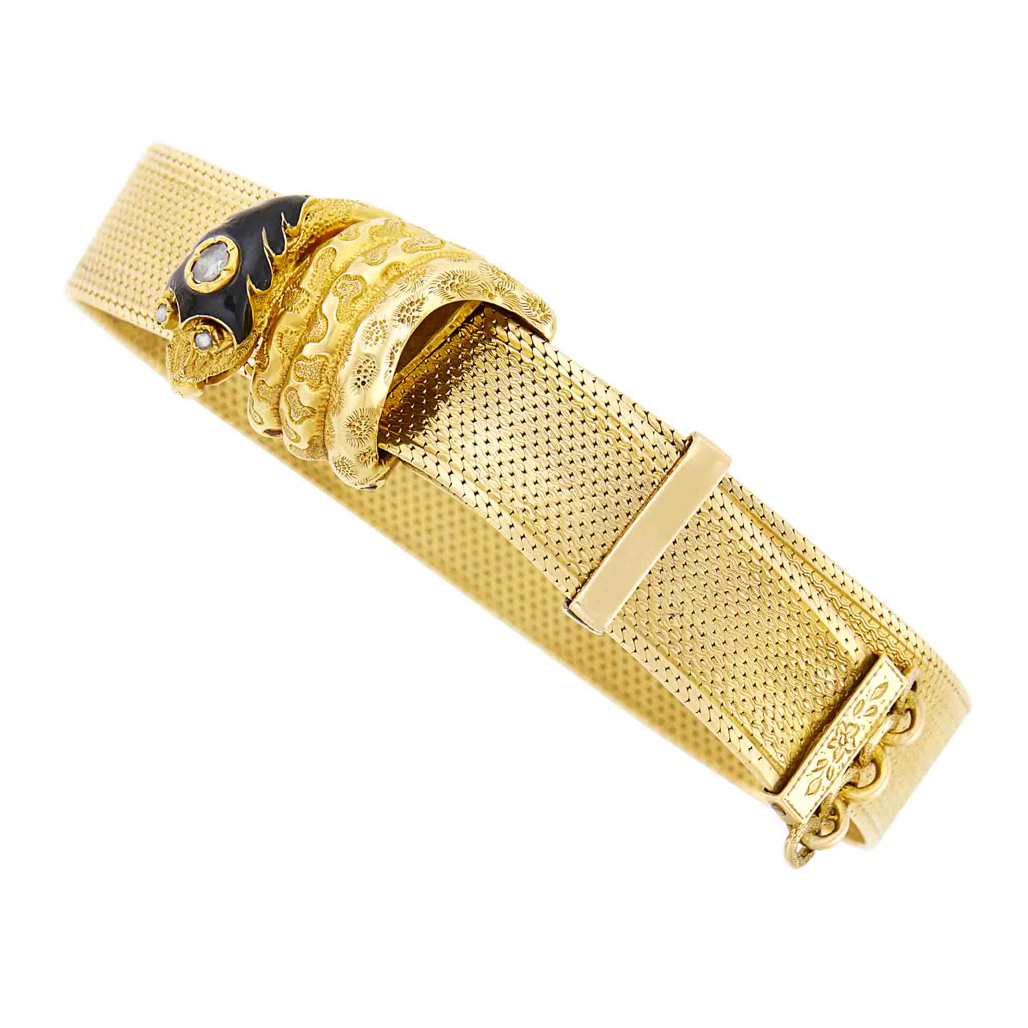 Lot image - Antique Gold, Diamond, Black Enamel, Diamond and Pearl Snake Slide Mesh Bracelet