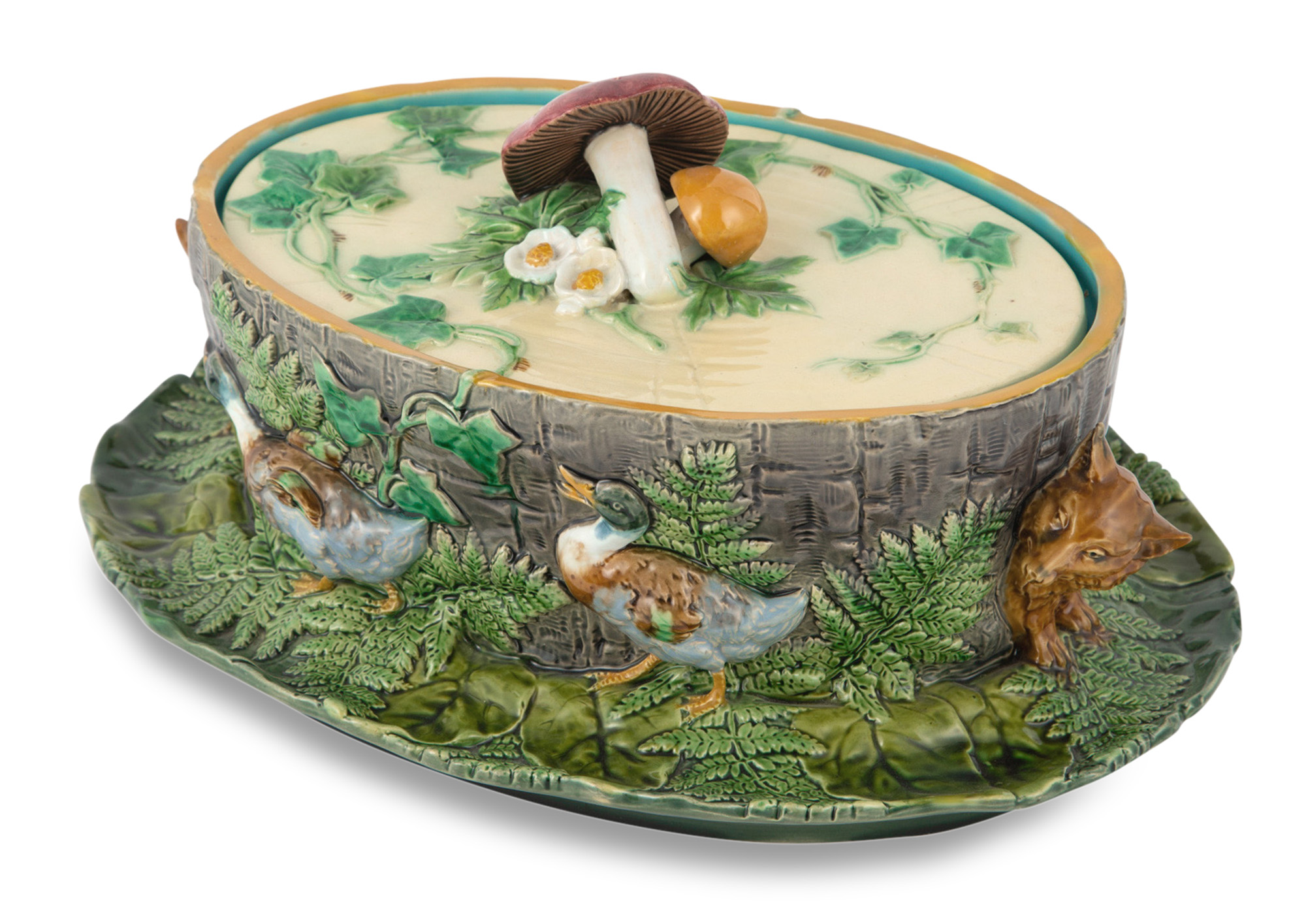 Lot image - Minton Majolica Fox and Duck Game-Pie Dish and Cover, On integral Stand