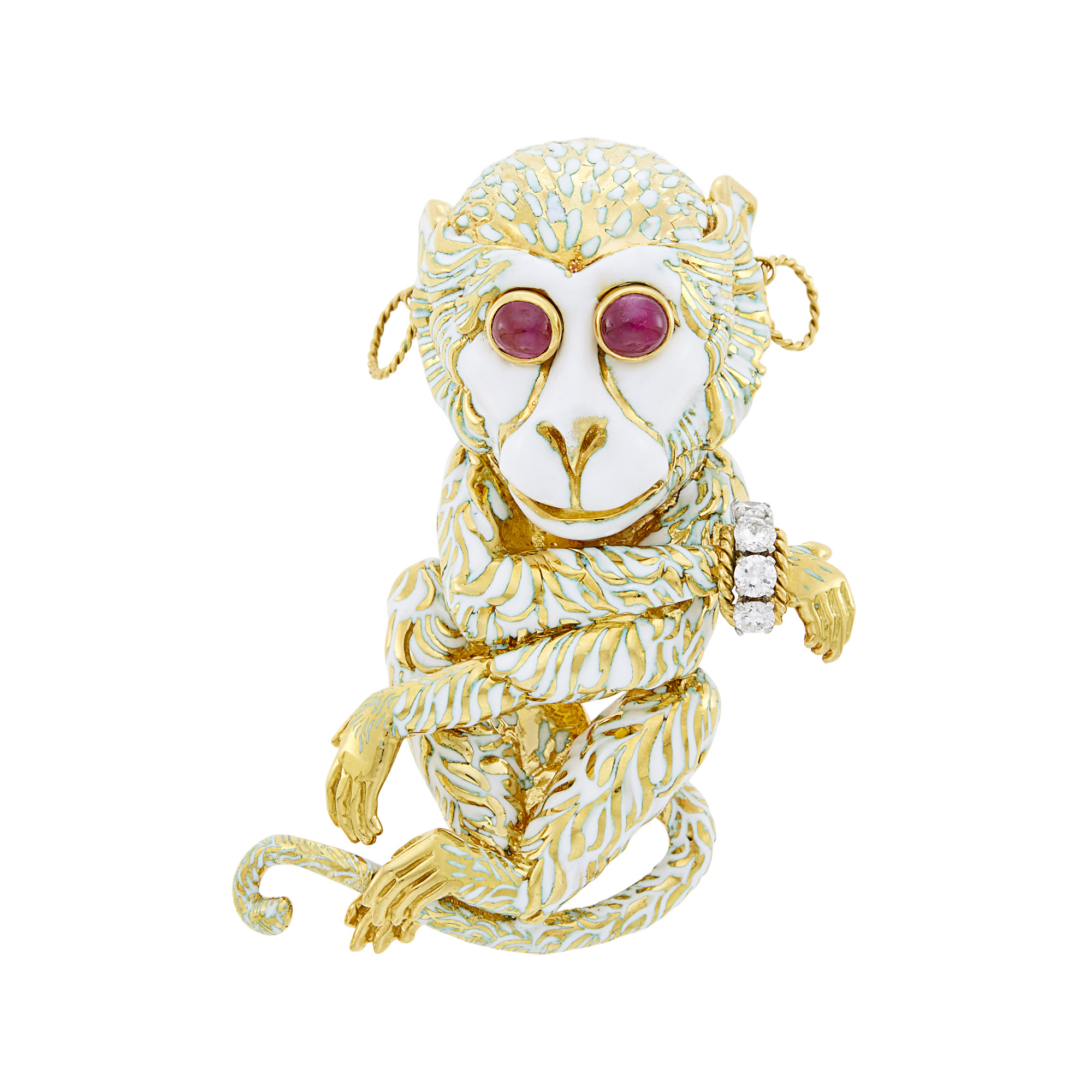 Lot image - David Webb Gold, Platinum, White Enamel, Cabochon Ruby and Diamond Monkey Clip-Brooch