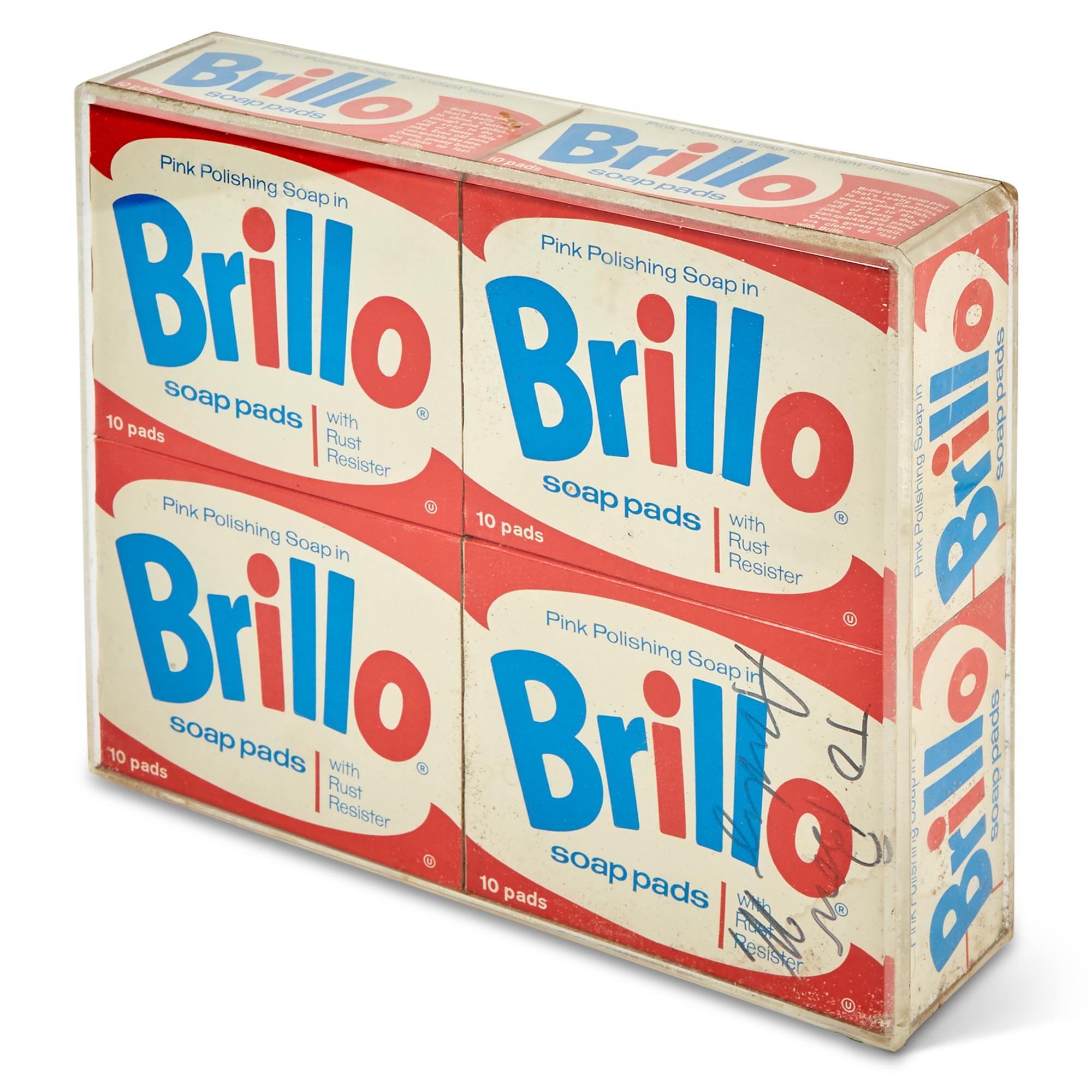 Lot image - ANDY WARHOL  Four Brillo Soap Pad Boxes, One Signed by Warhol, Housed in a Plexiglas Box.