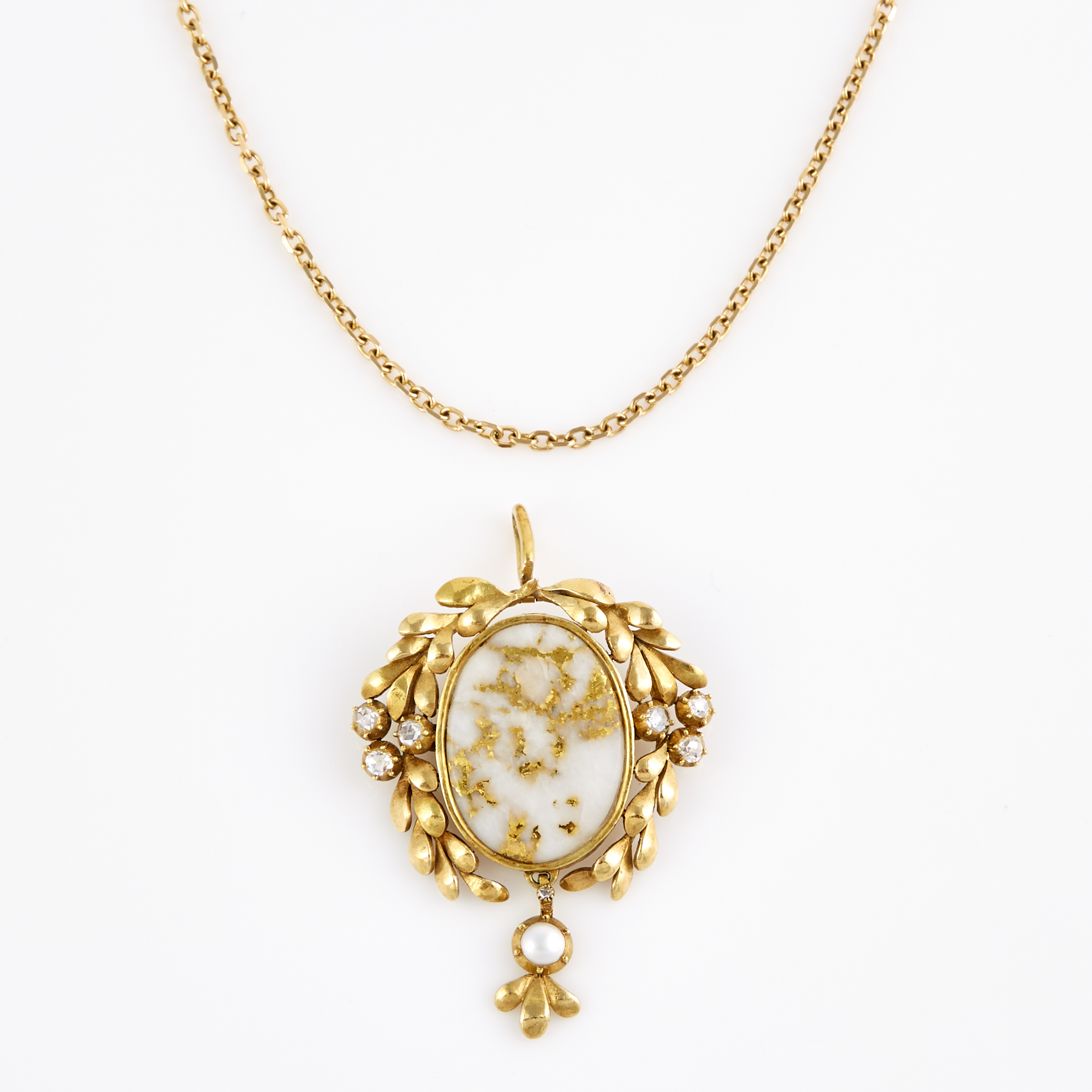 Lot image - Rose Diamond and Stone Pendant and Gold Neck Chain, 18K 18 dwt. and 14K 7 dwt. all