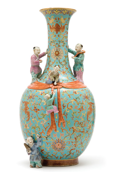 Lot image - Chinese Famille Rose Glazed Molded Porcelain Boys Vase
