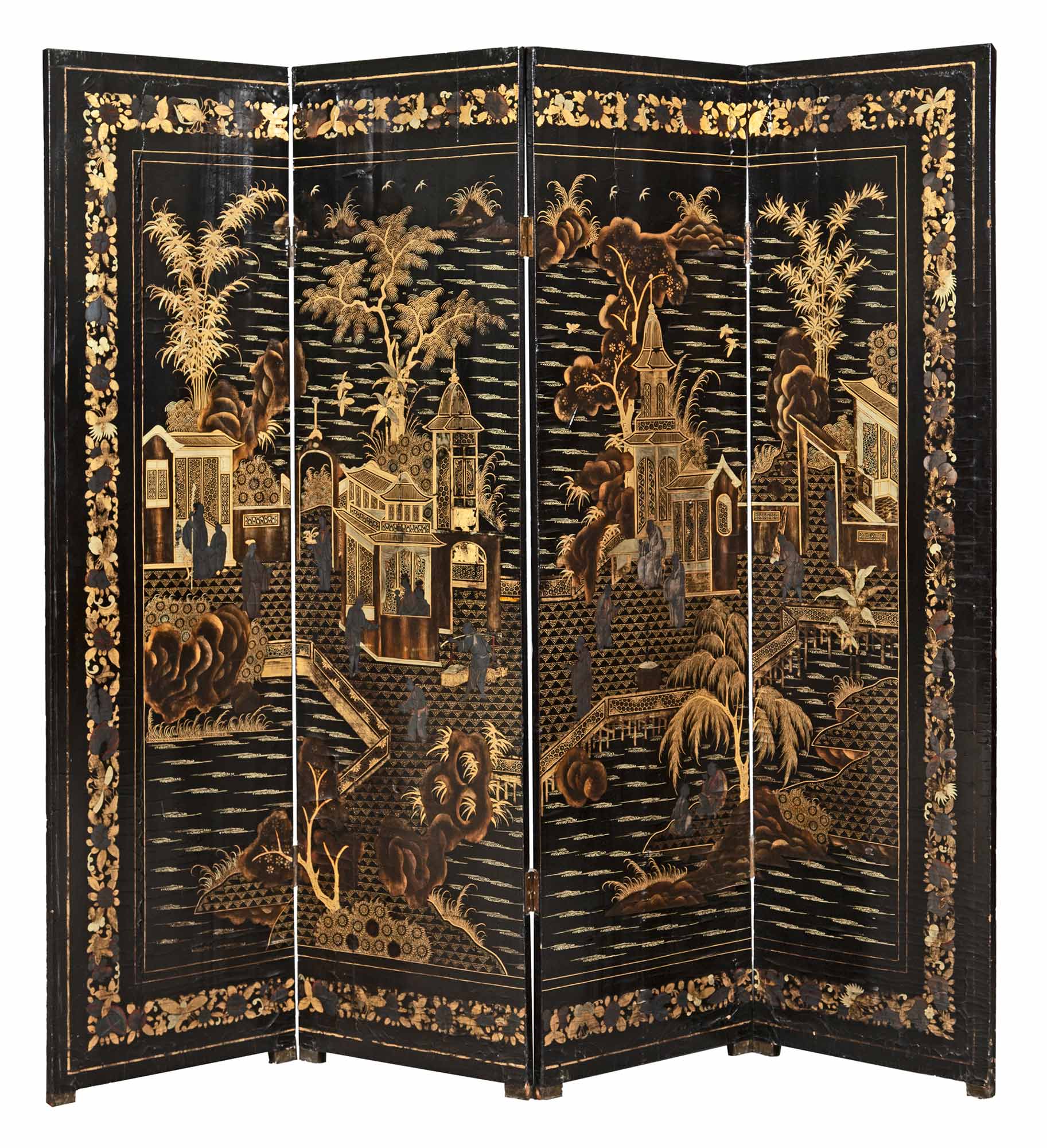 Lot image - Chinese Export Brown and Black Lacquer and Parcel-Gilt Four-Panel Screen