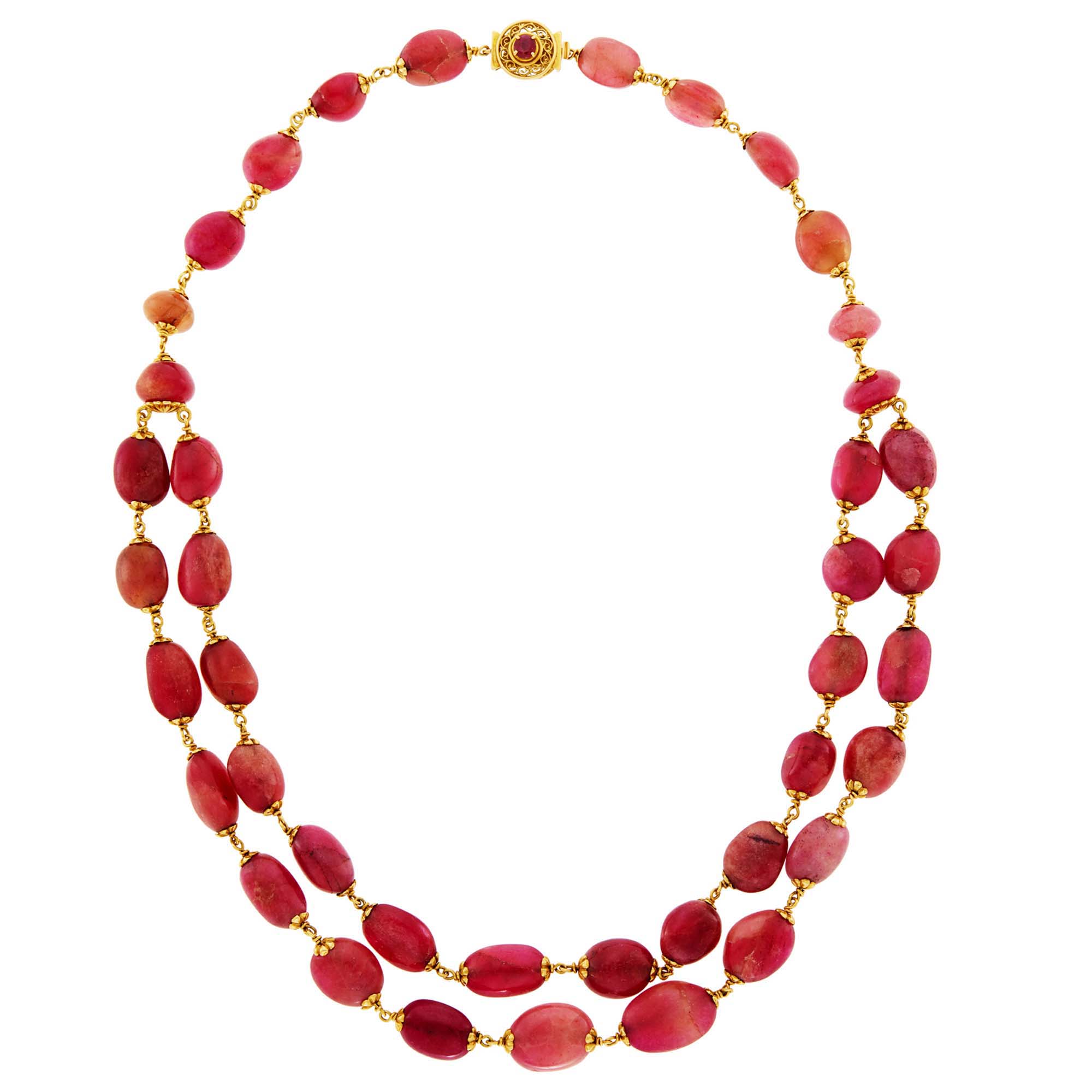 Lot image - Double Strand Gold and Pink Quartz Bead Necklace, France