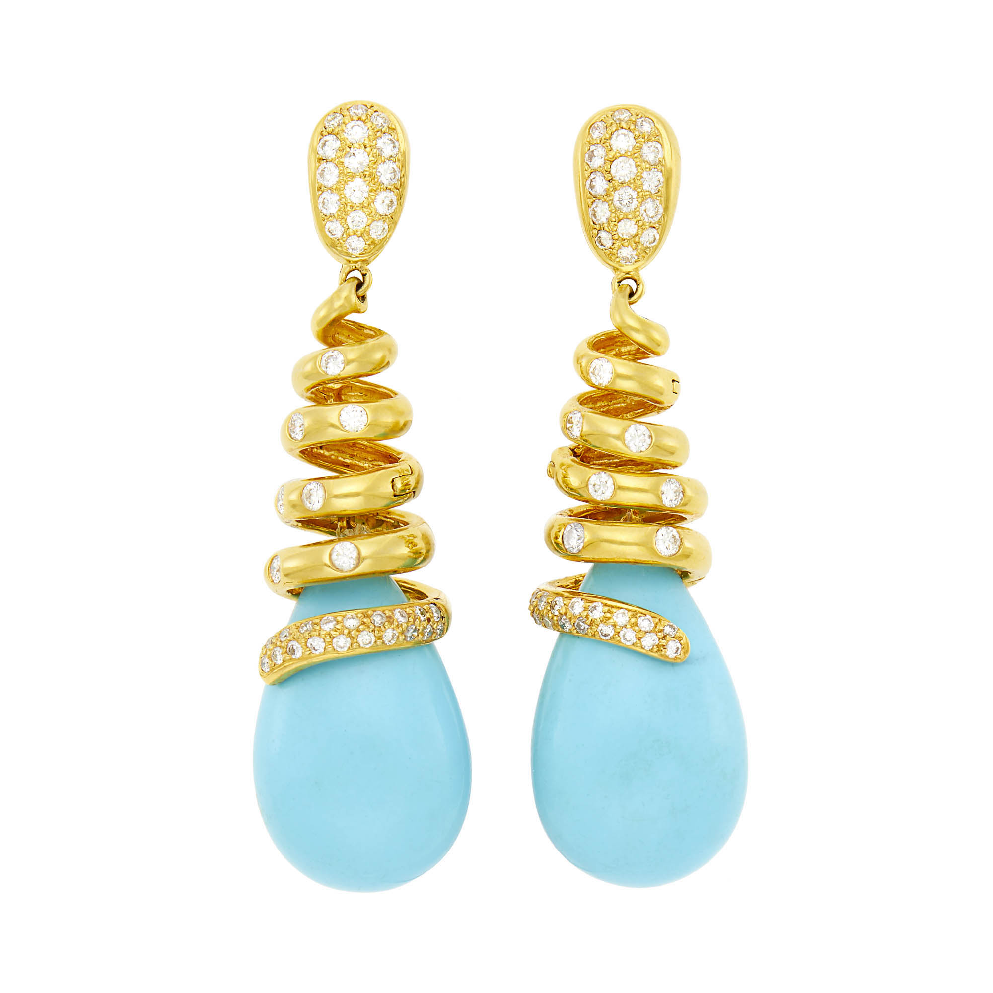 Lot image - Pair of Gold, Turquoise and Diamond Pendant-Earclips