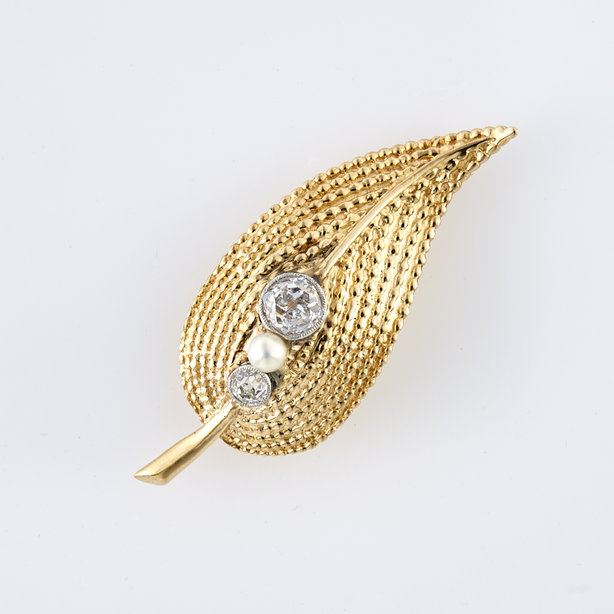 Lot image - Two-Color Gold, Diamond and Cultured Pearl Leaf Pin