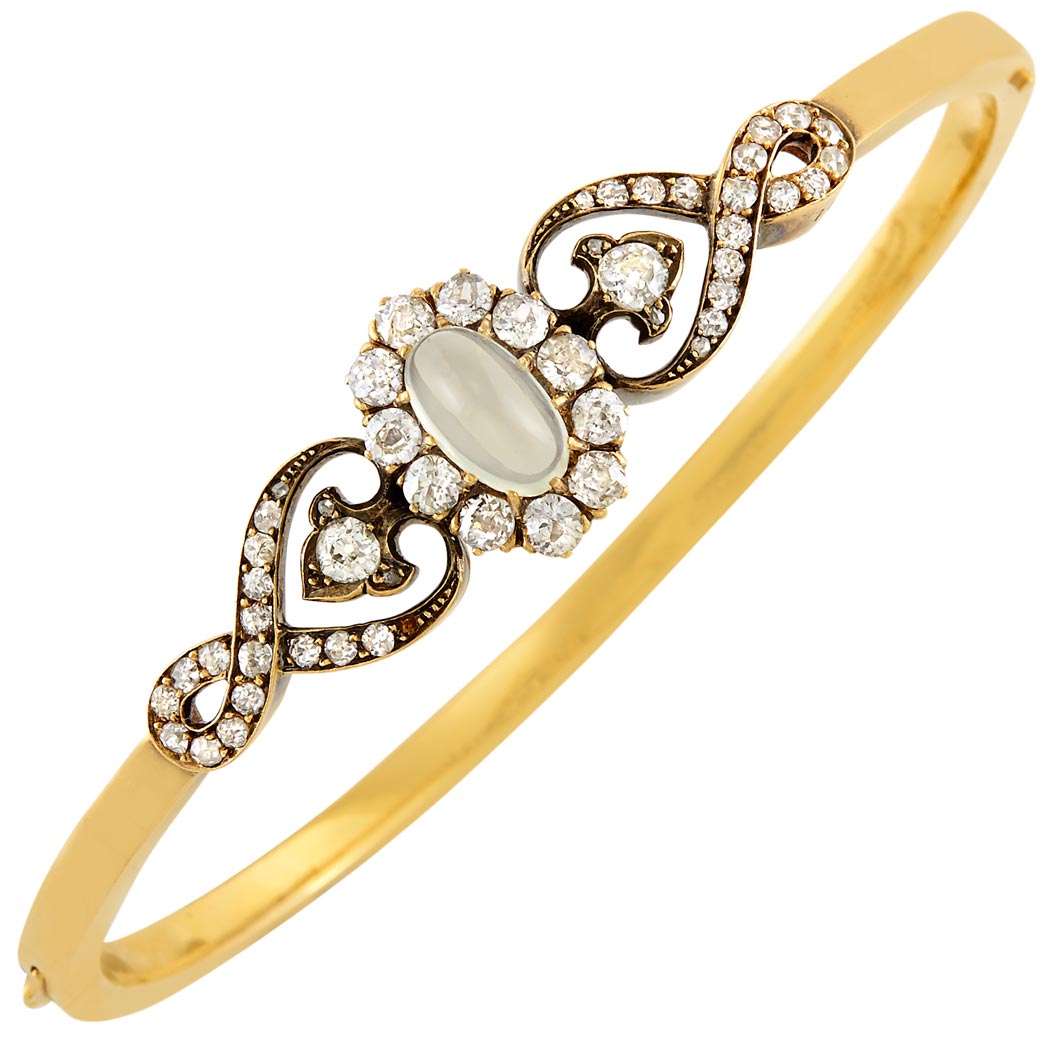 Lot image - Antique Silver, Gold, Moonstone and Diamond Bangle Bracelet, France