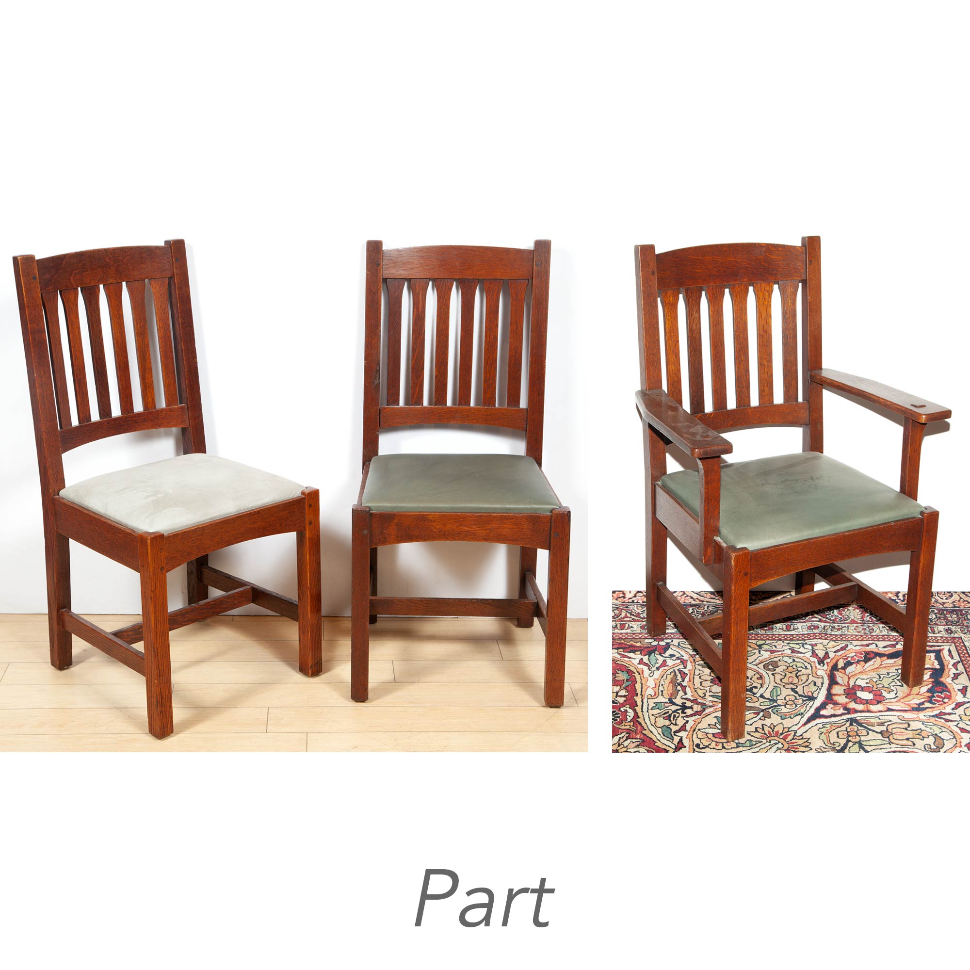 Lot image - Set of Eleven Arts & Crafts Oak Upholstered Dining Chairs