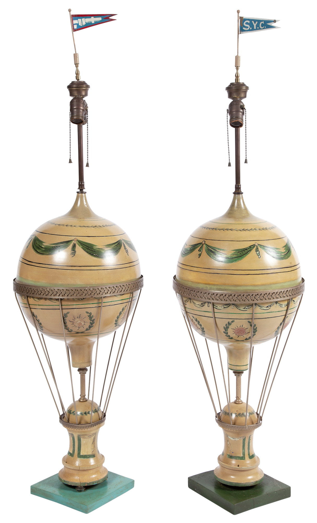 Lot image - Pair of Tôle, Painted Wood and Gilt-Metal Hot Air Balloon Lamps