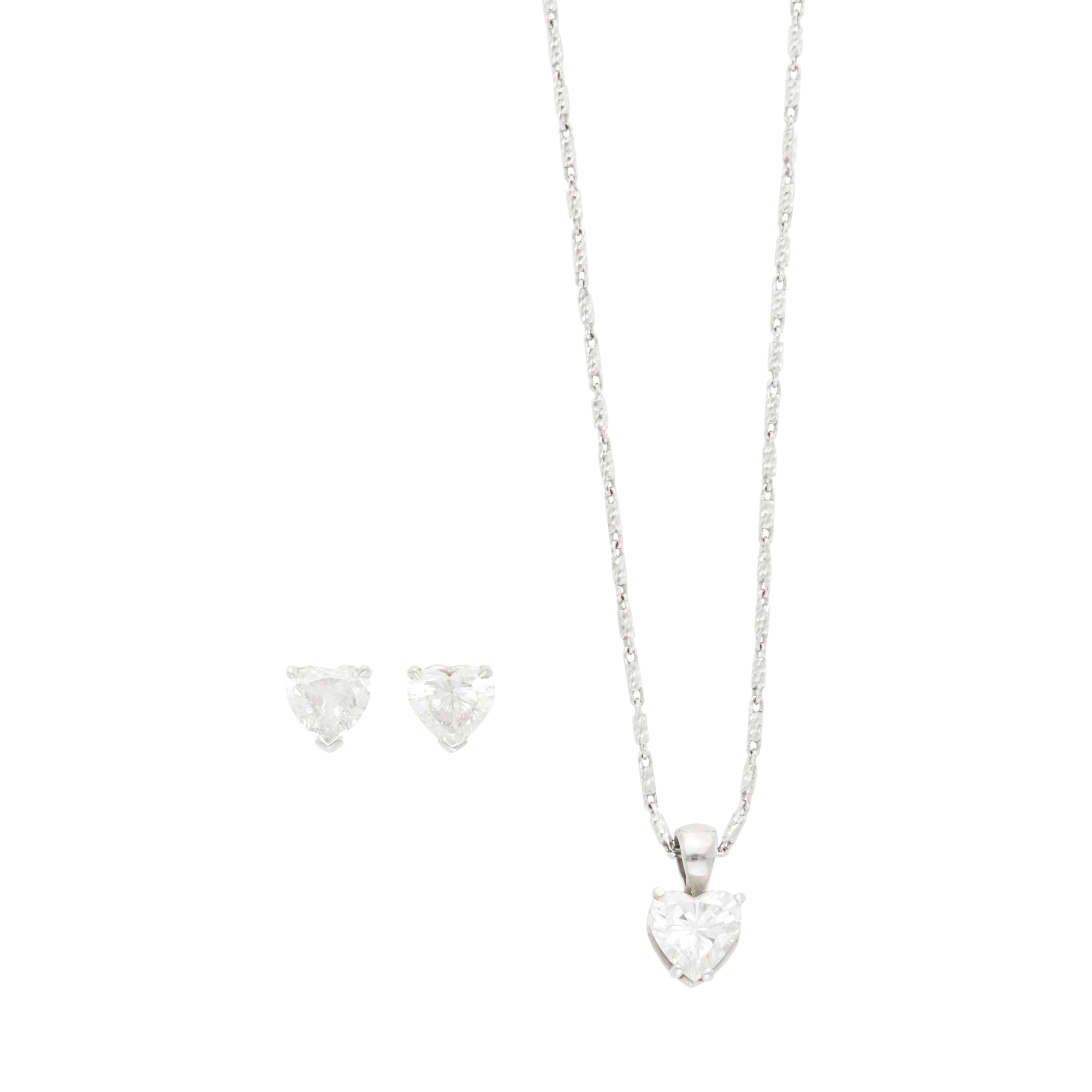 Lot image - Pair of White Gold and Diamond Stud Earrings and Pendant with Chain Necklace