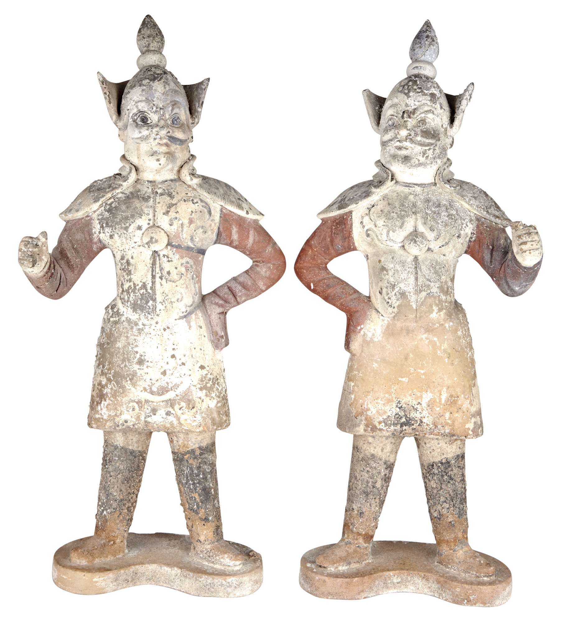 Lot image - Two Similar Chinese Painted Pottery Guardian Figures