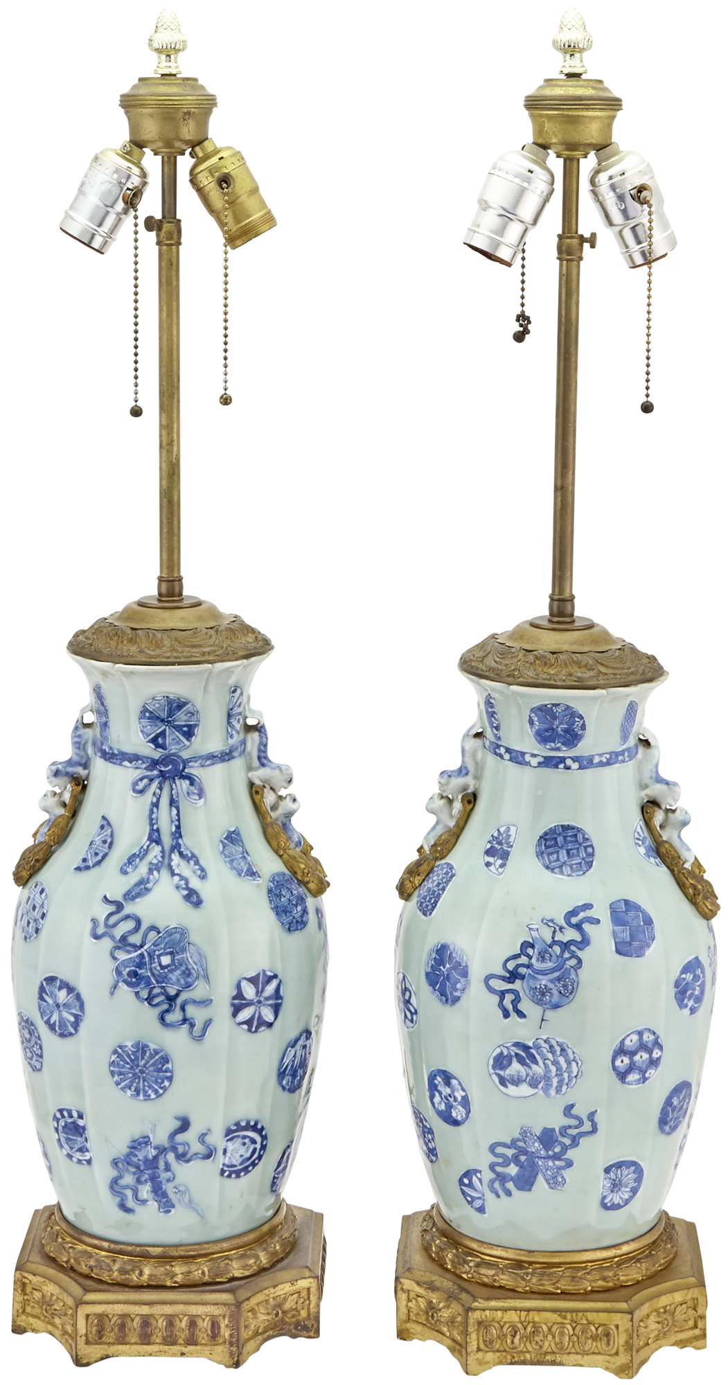 Lot image - Pair of Chinese Slip-Decorated, Ormolu Mounted Porcelain Vases Mounted as Lamps