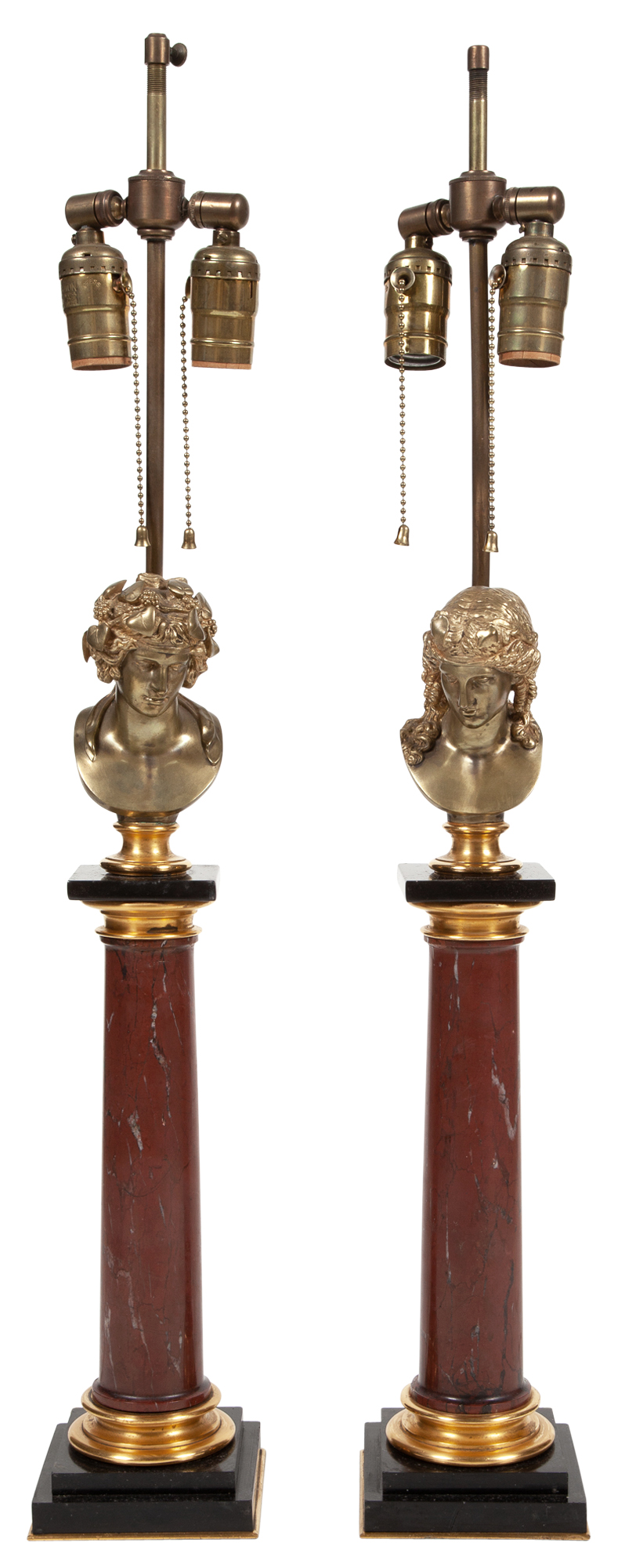 Lot image - Pair of Neoclassical Style Gilt-Metal and Marble Figural Lamps