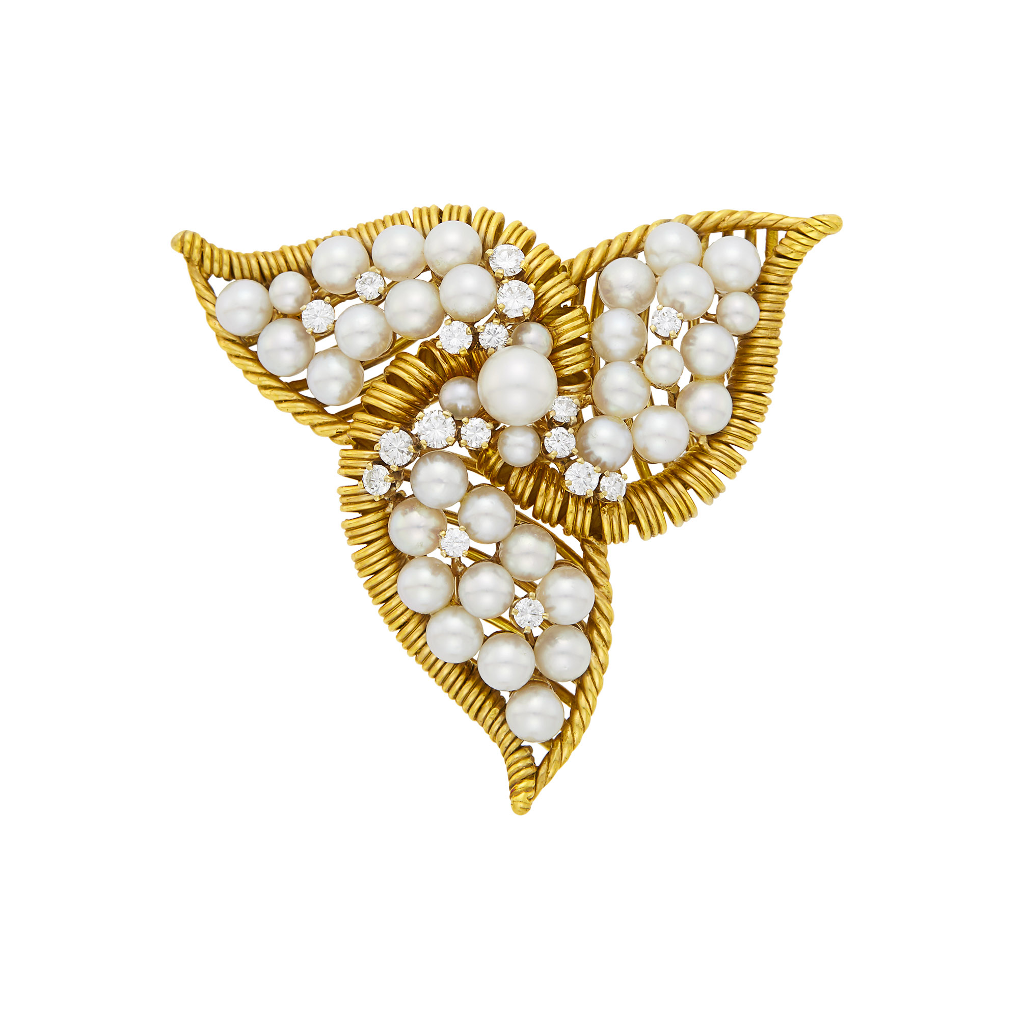 Lot image - Gold, Cultured Pearl and Diamond Brooch