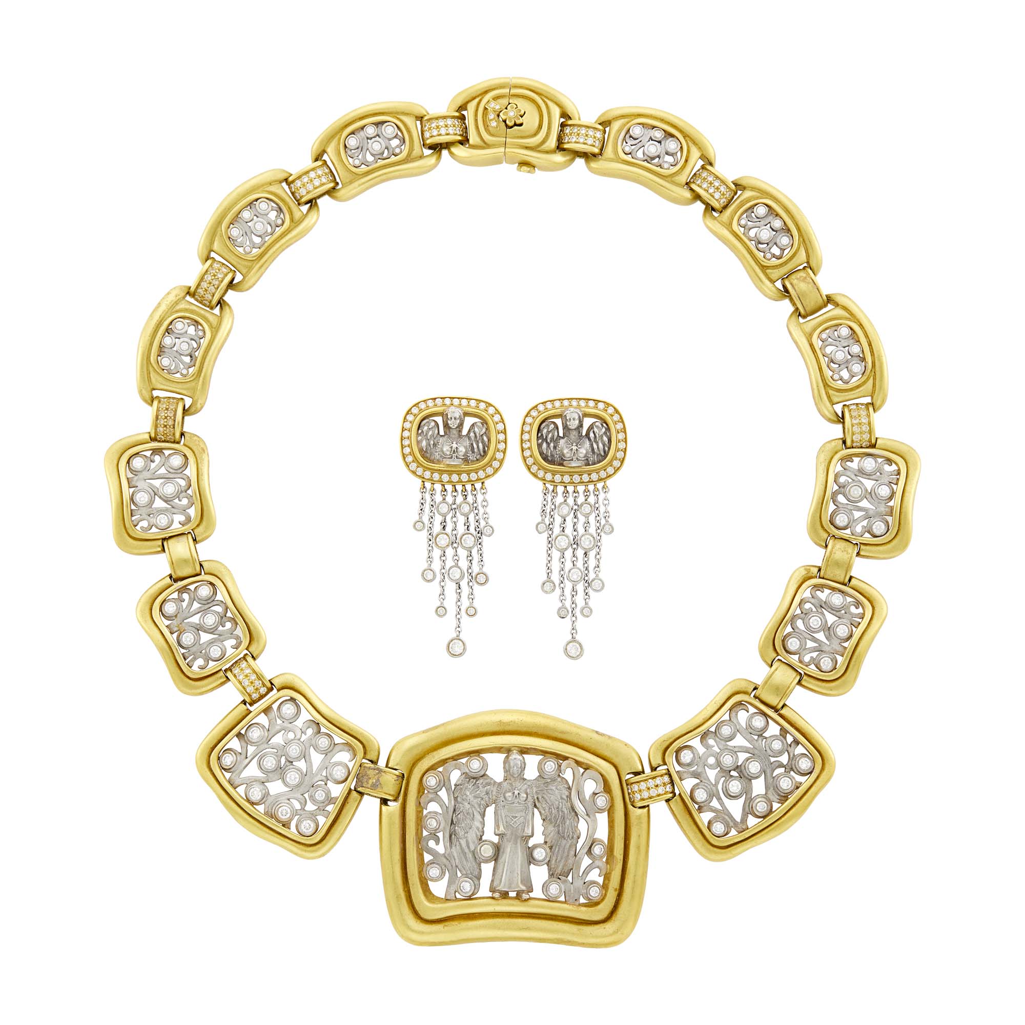 Lot image - Barry Kieselstein-Cord Two-Color Gold and Diamond Angel in My Window Necklace and Pair of Fringe Earrings