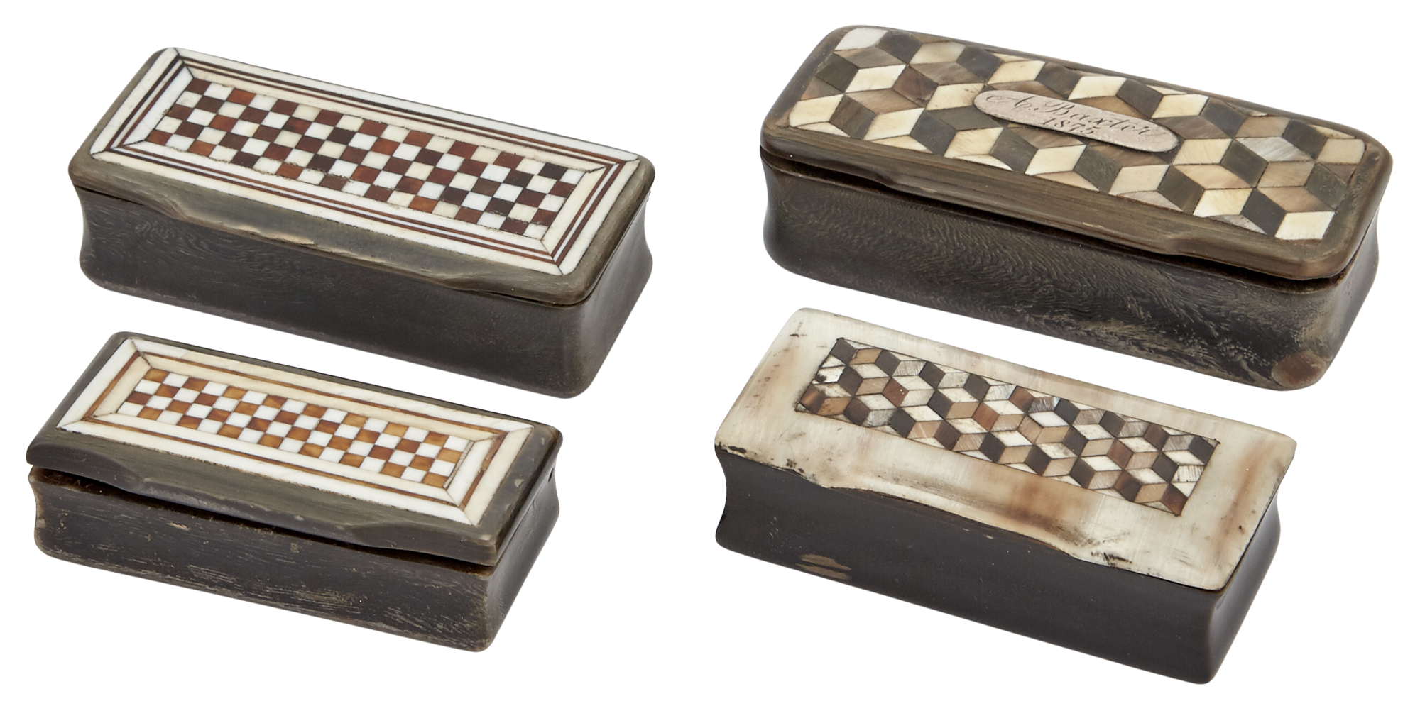 Lot image - Group of Four Horn and Parquetry Inlaid Bone Snuff Boxes