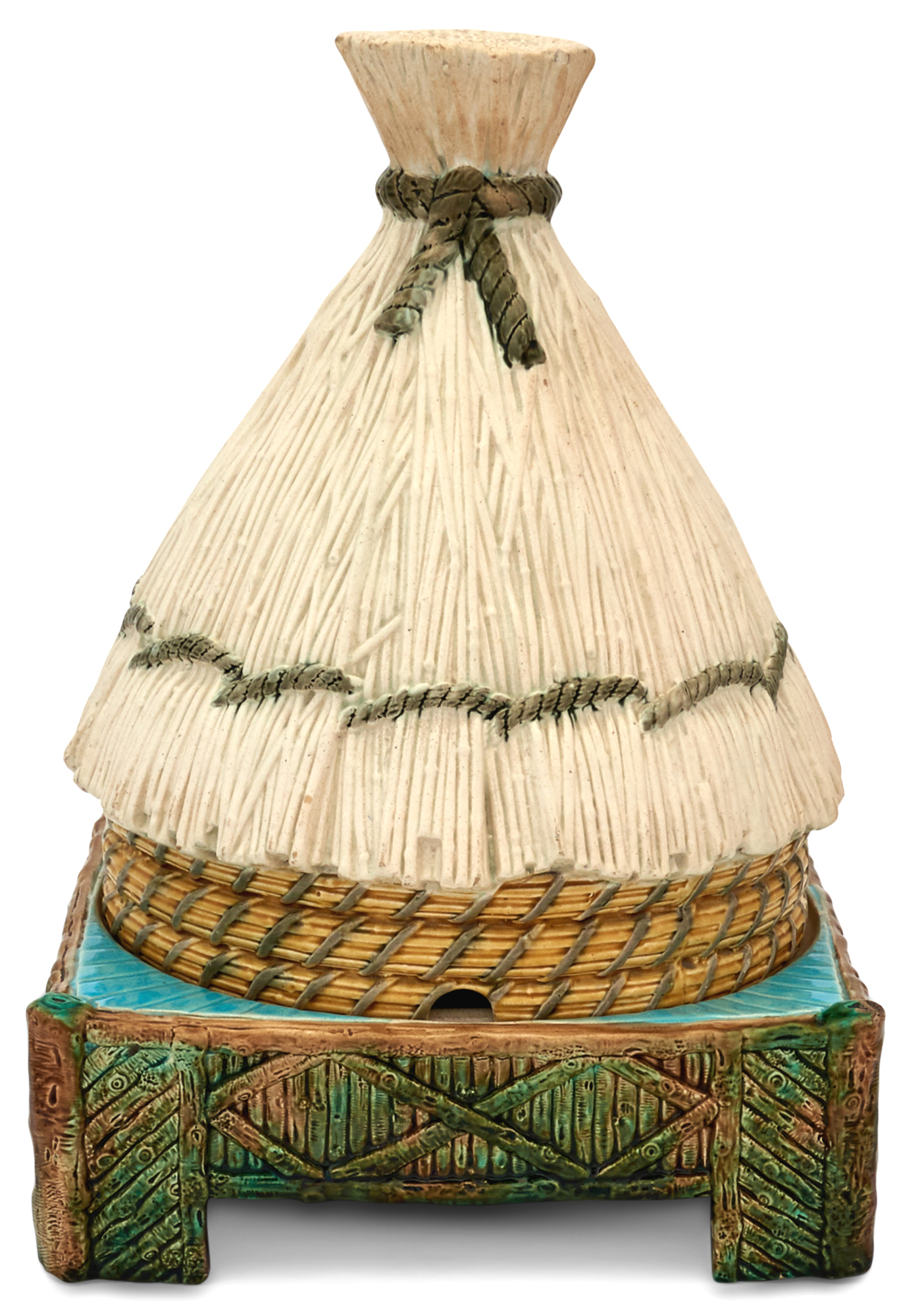 Lot image - George Jones Majolica Thatched Cheese Dome and Stand