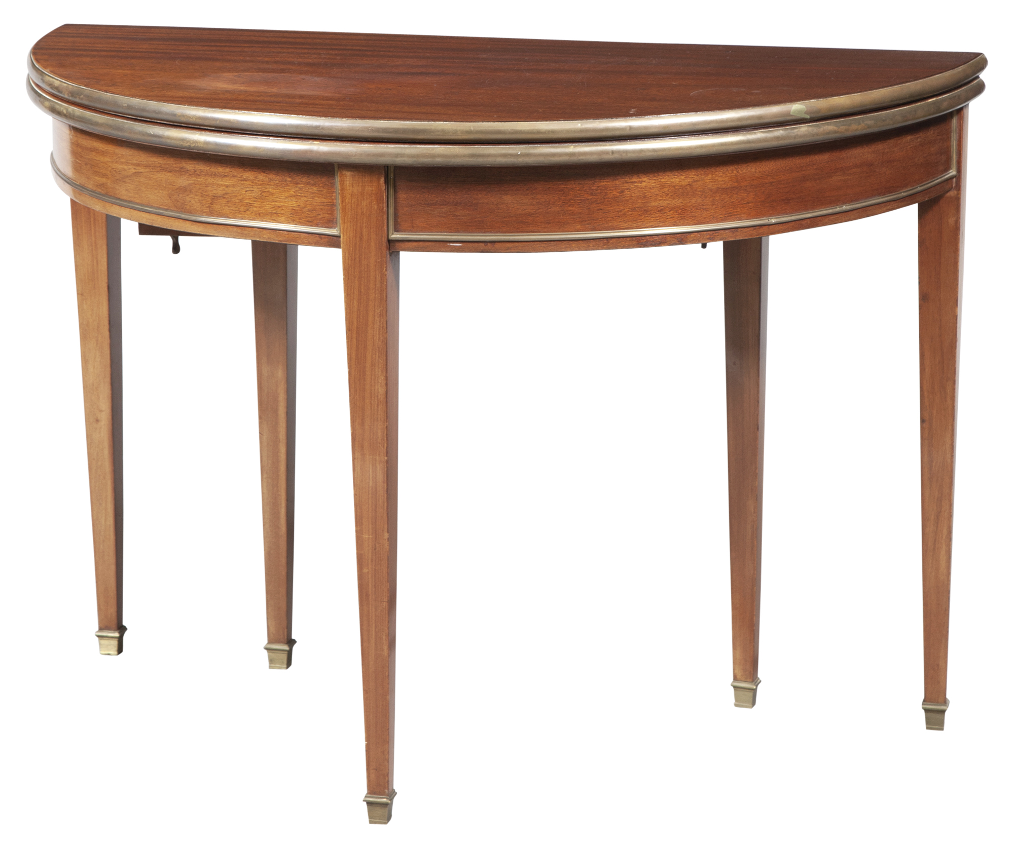 Lot image - Louis XVI Style Walnut and Brass Mounted Demilune Fold Over Dining Table