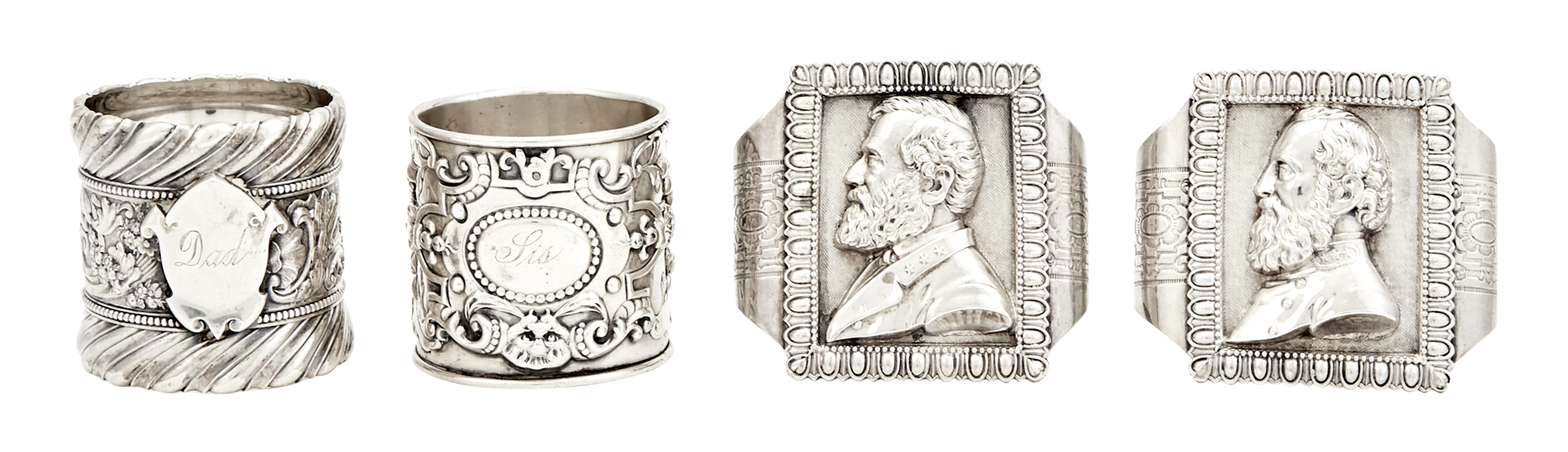 Lot image - Civil Interest: Pair of Silver Plated Napkin Rings Depicting Generals Robert E. Lee and Ulysses S. Grant